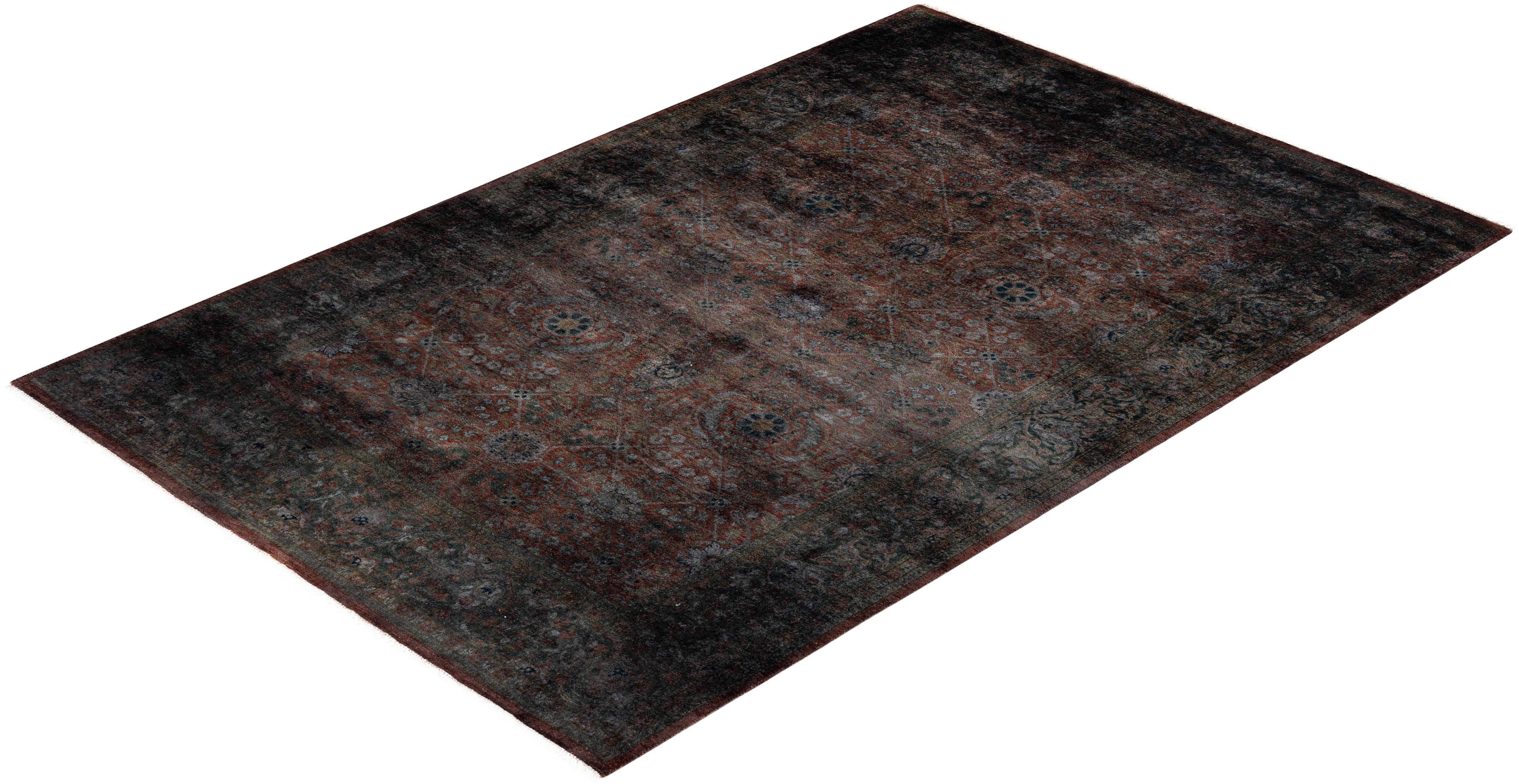 Contemporary Overdyed Hand Knotted Wool Brown Area Rug For Sale 4