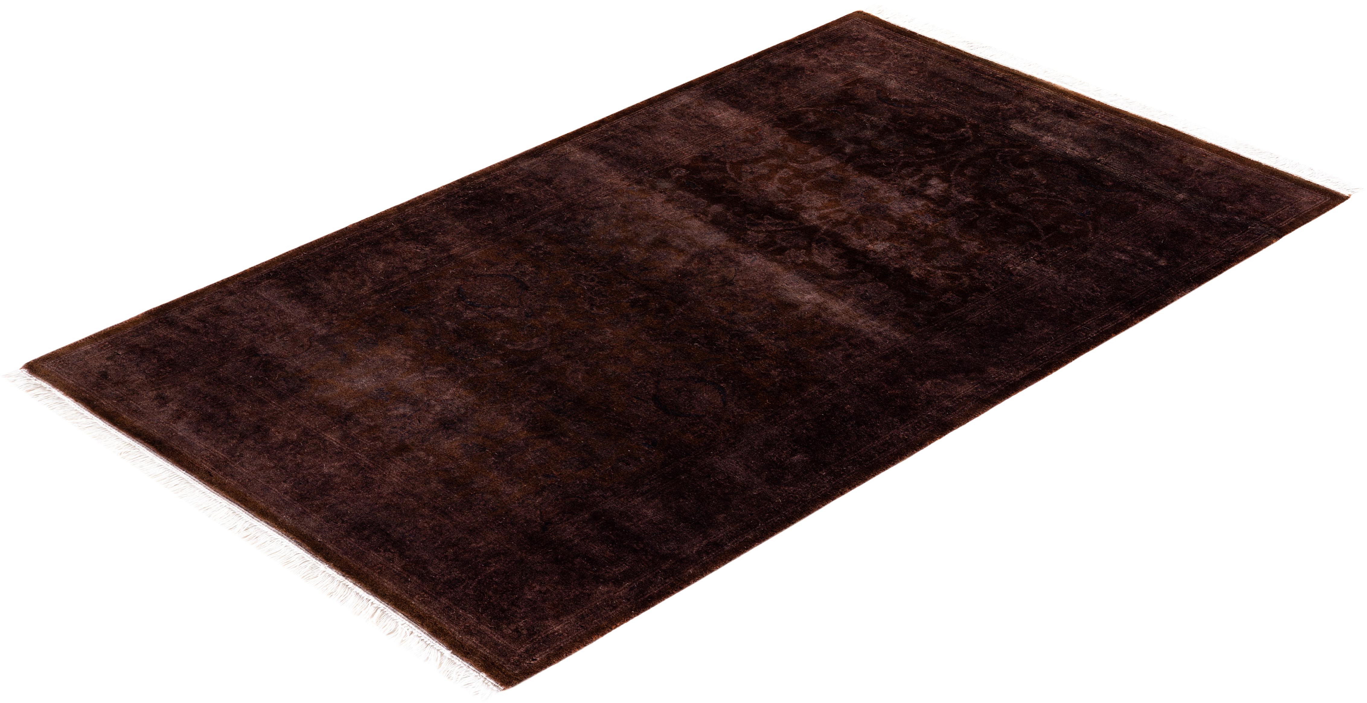 Contemporary Overdyed Hand Knotted Wool Brown Area Rug For Sale 4