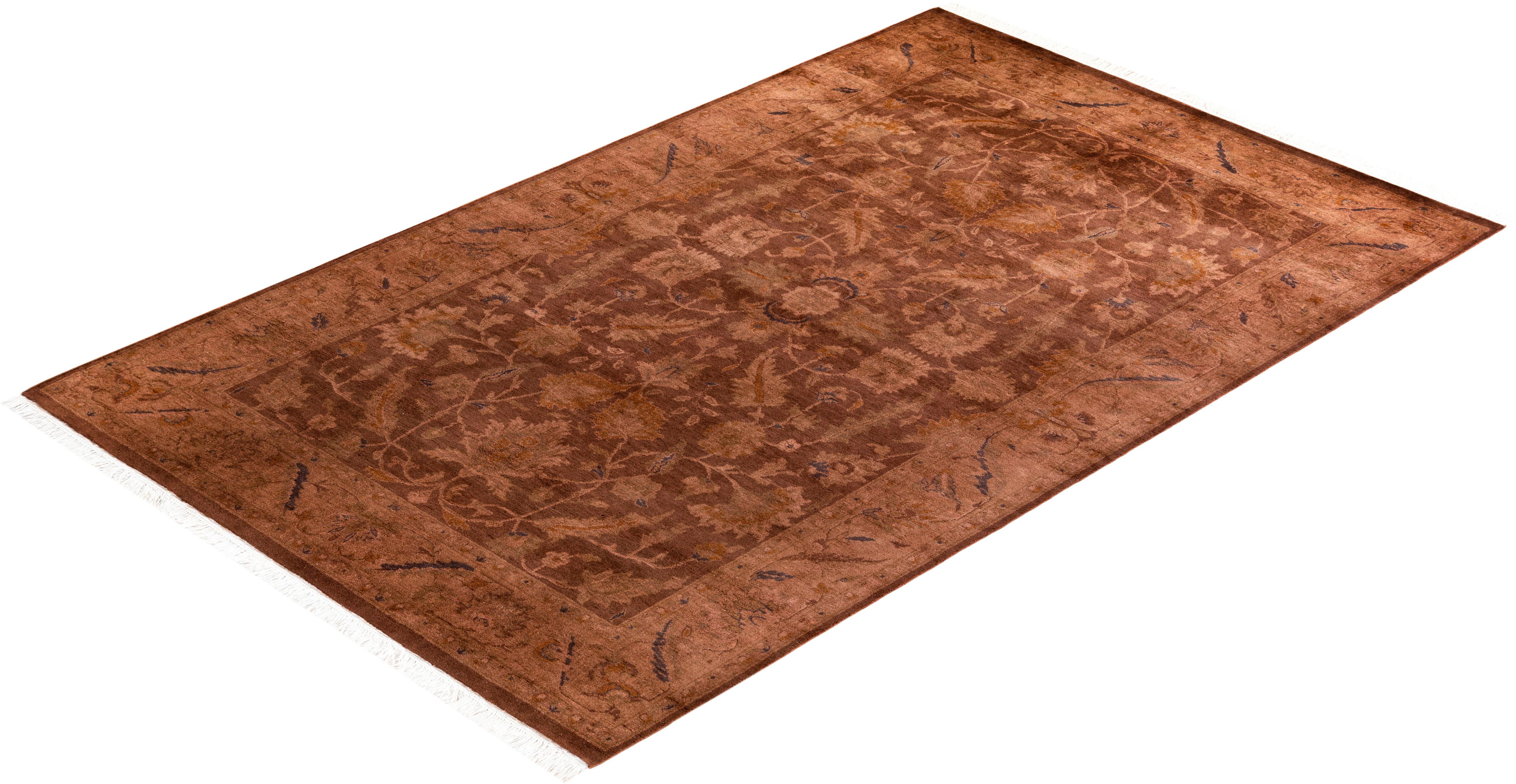 Contemporary Overdyed Hand Knotted Wool Brown Area Rug For Sale 4