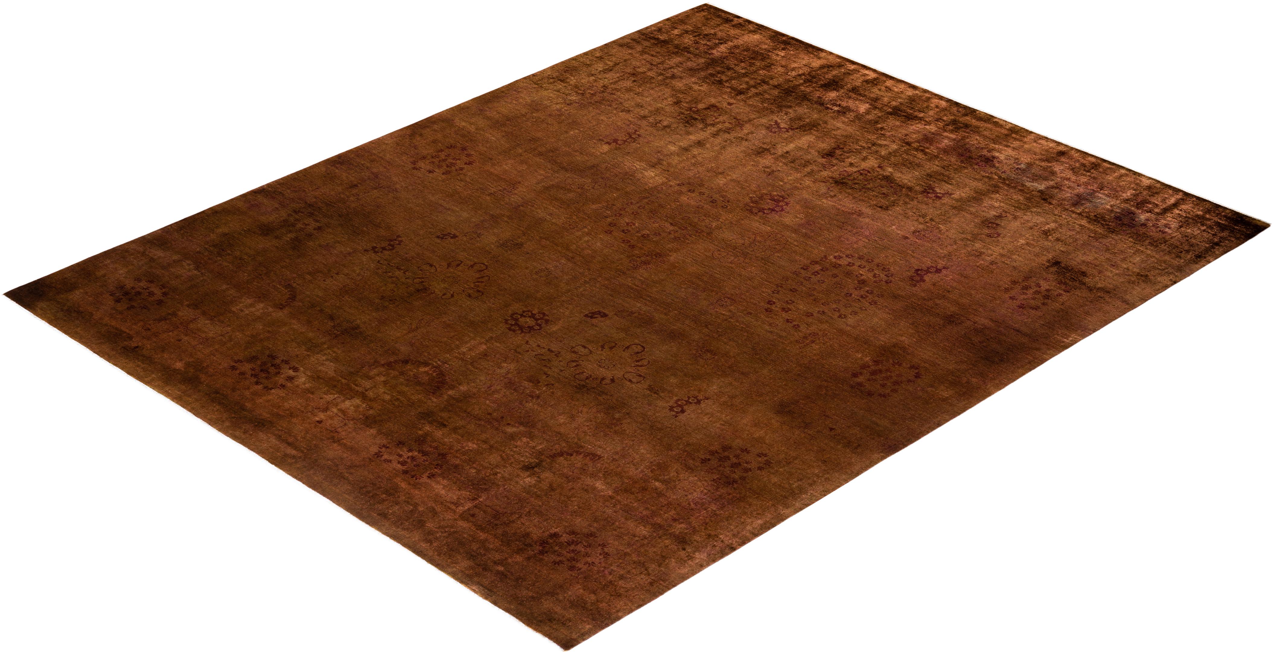 Contemporary Overdyed Hand Knotted Wool Brown Area Rug For Sale 4
