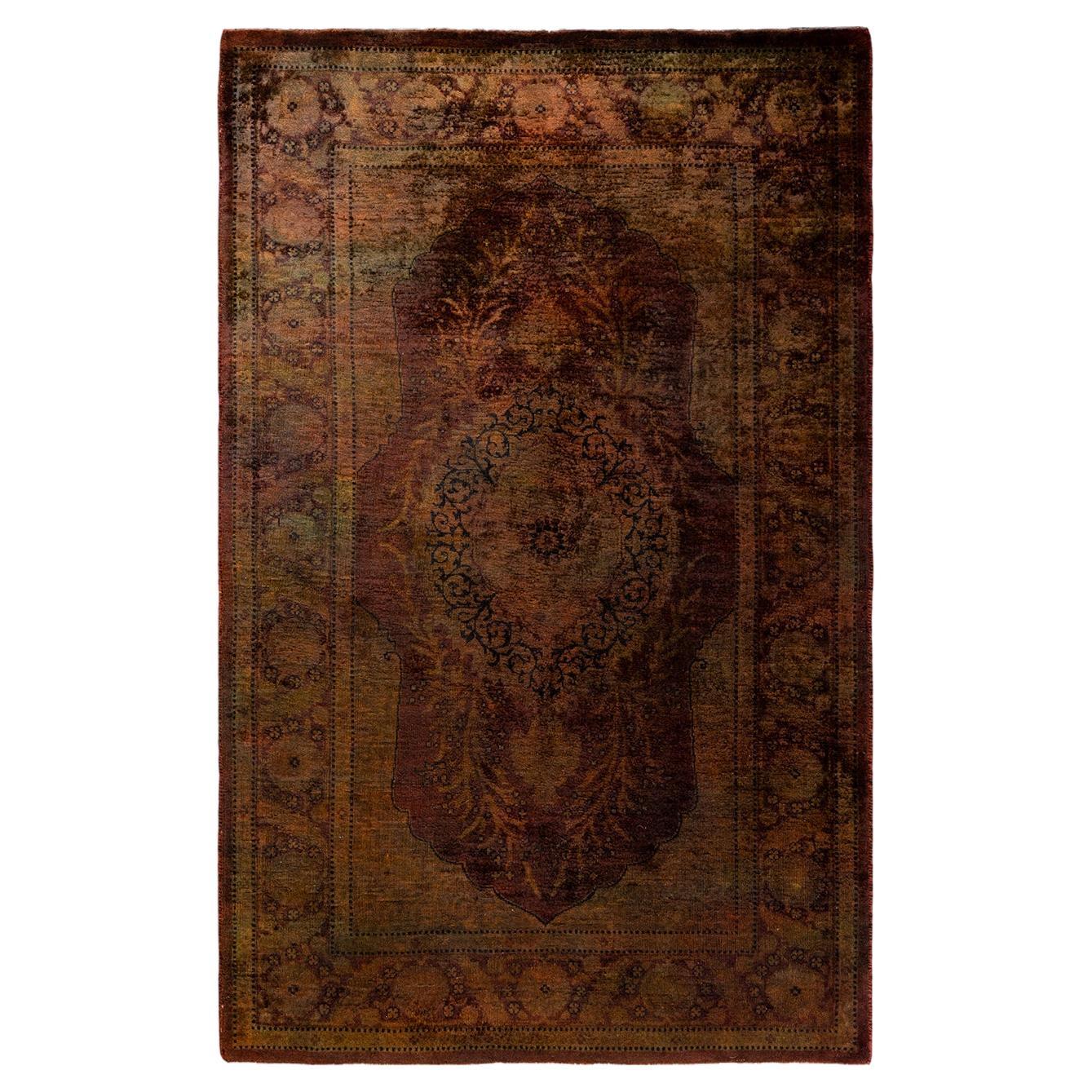 Contemporary Overdyed Hand Knotted Wool Brown Area Rug For Sale