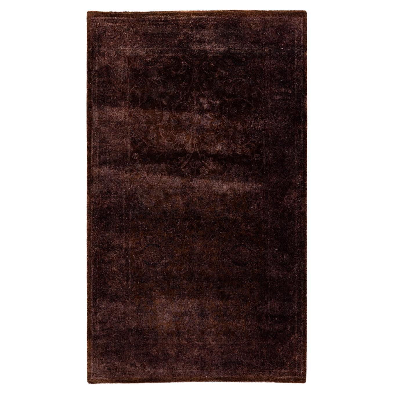 Contemporary Overdyed Hand Knotted Wool Brown Area Rug For Sale