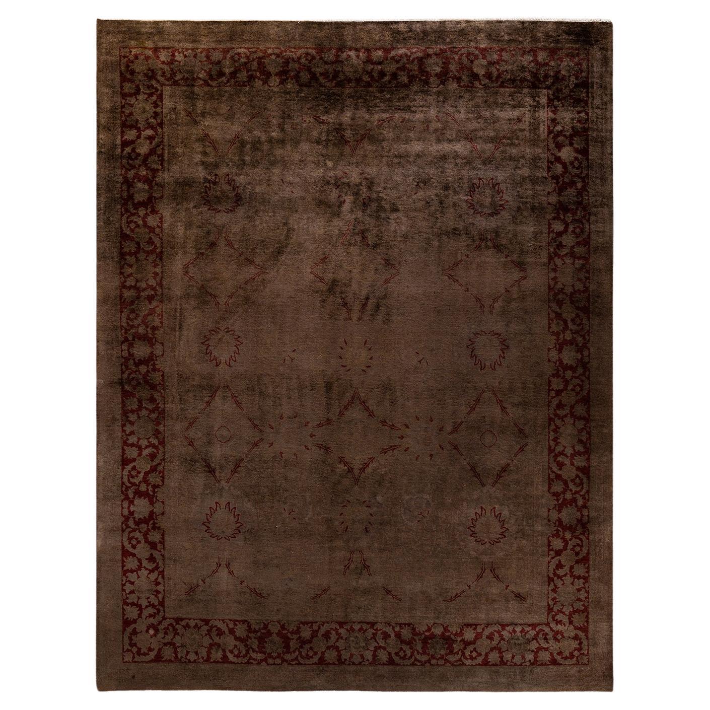Contemporary Overdyed Hand Knotted Wool Brown Area Rug