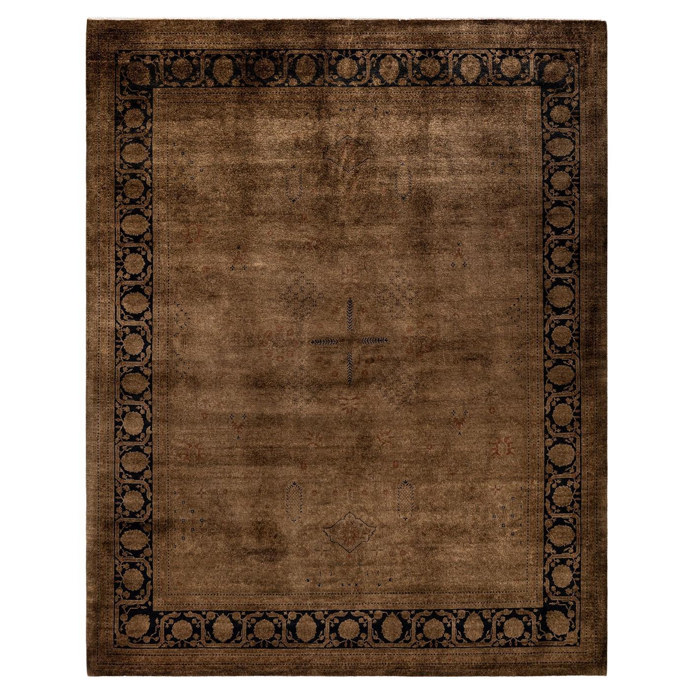 Contemporary Overdyed Hand Knotted Wool Brown Area Rug For Sale