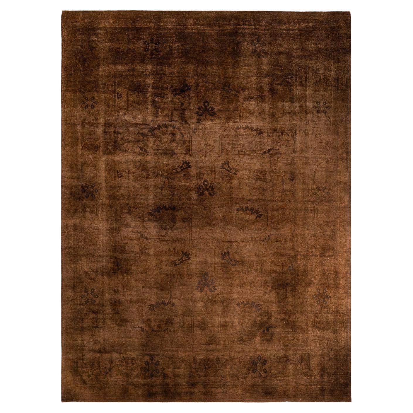 Contemporary Overdyed Hand Knotted Wool Brown Area Rug For Sale