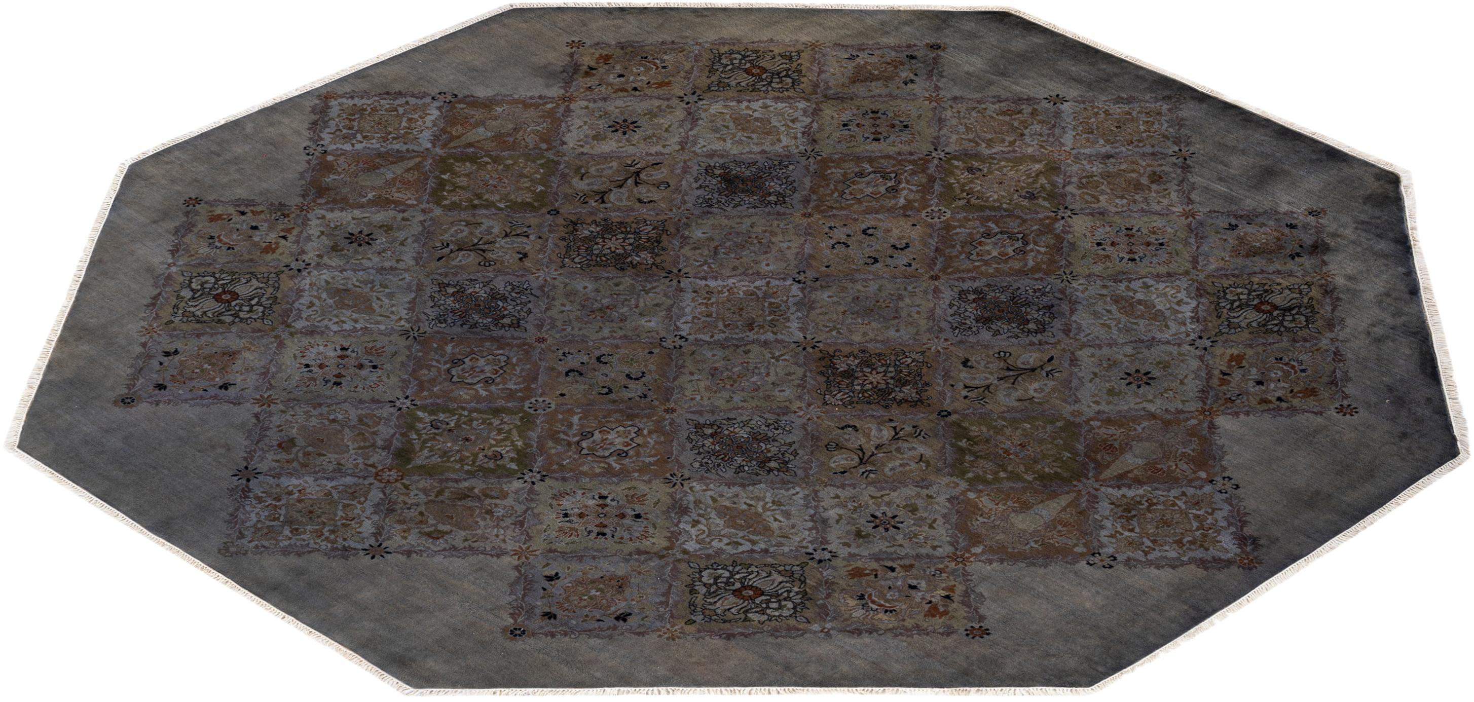 Contemporary Overdyed Hand Knotted Wool Brown Octagon Area Rug For Sale 4