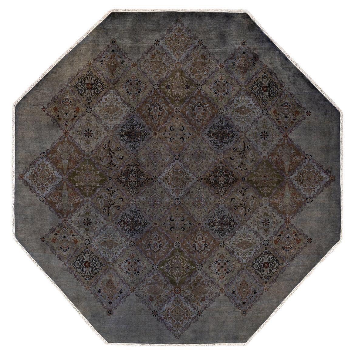 Contemporary Overdyed Hand Knotted Wool Brown Octagon Area Rug For Sale