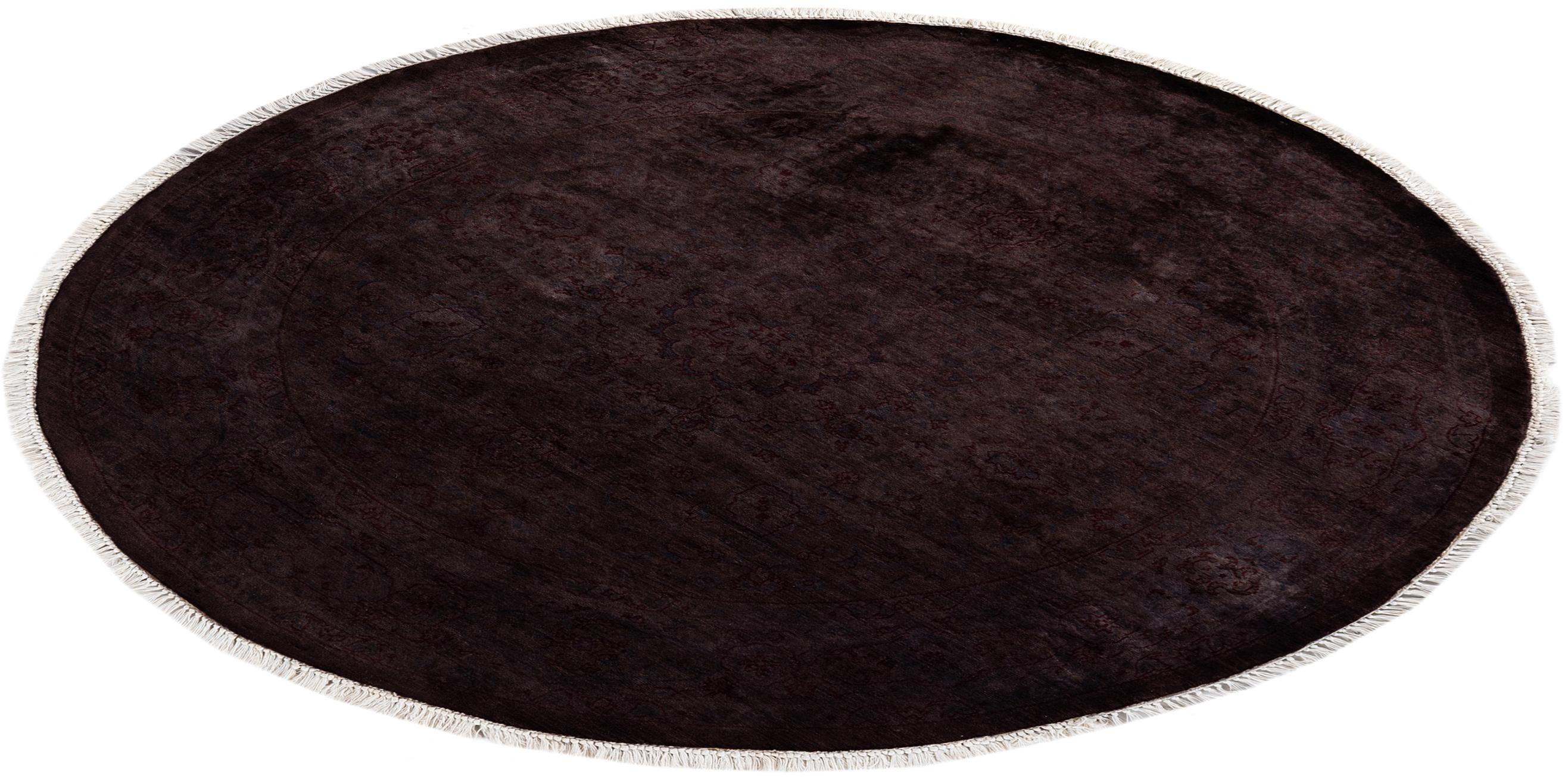 Contemporary Overdyed Hand Knotted Wool Brown Round Area Rug For Sale 4