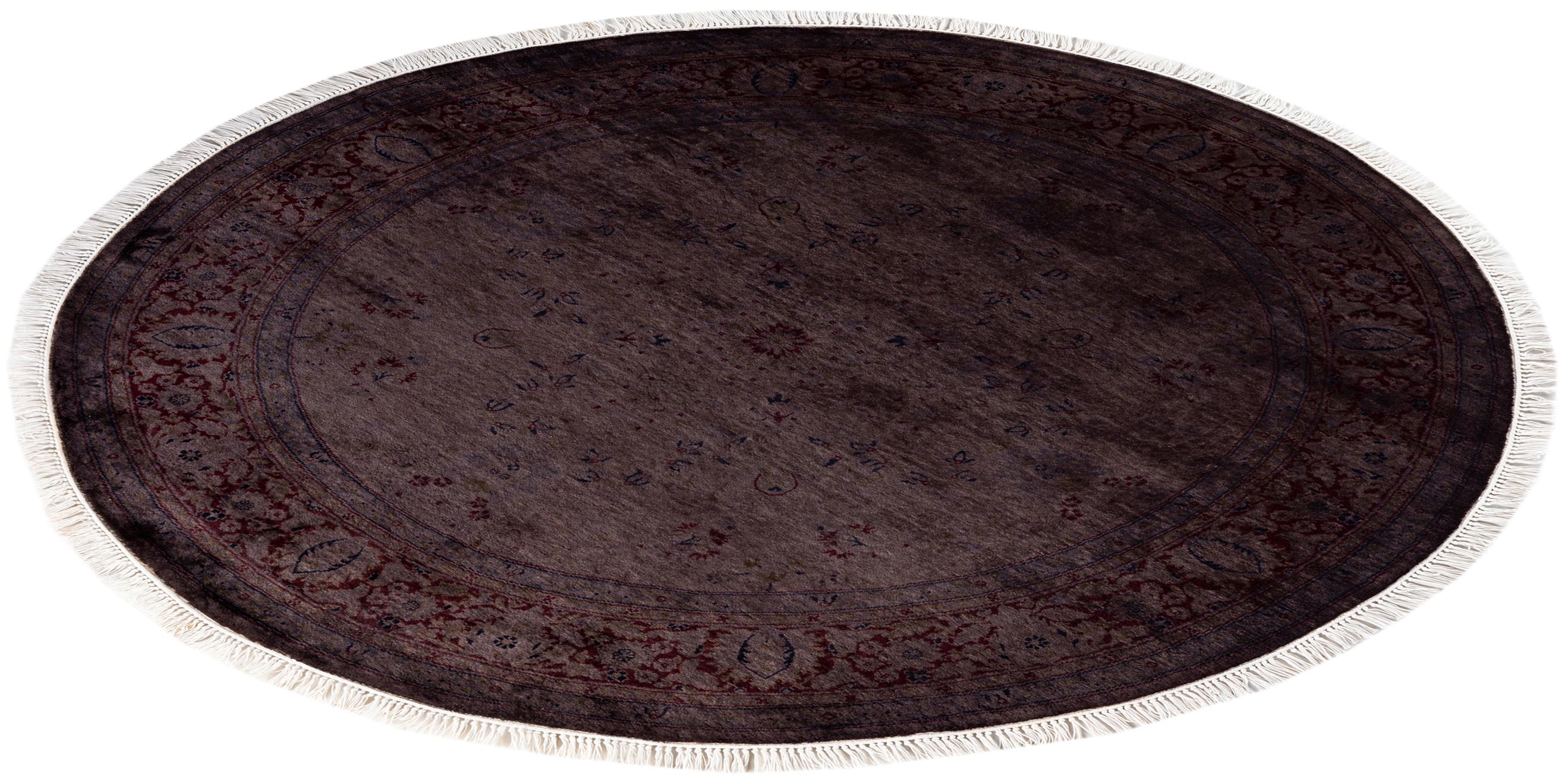 Contemporary Overdyed Hand Knotted Wool Brown Round Area Rug For Sale 4