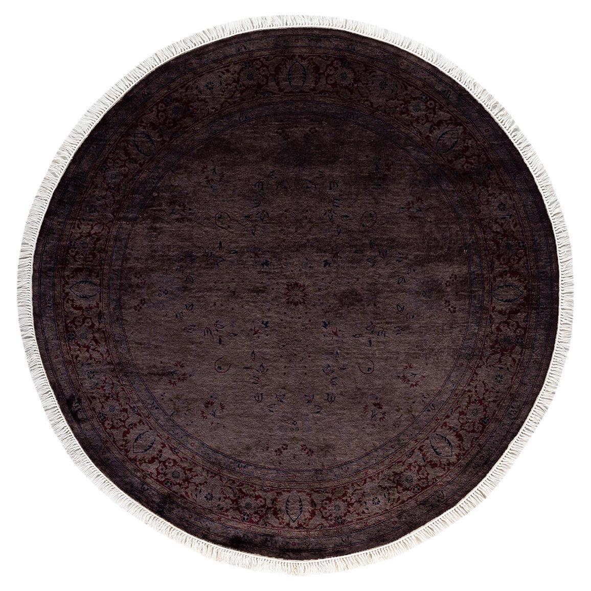Contemporary Overdyed Hand Knotted Wool Brown Round Area Rug
