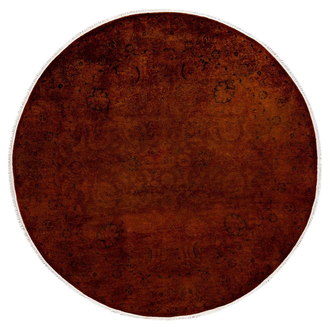 Contemporary Overdyed Hand Knotted Wool Brown Round Area Rug For Sale