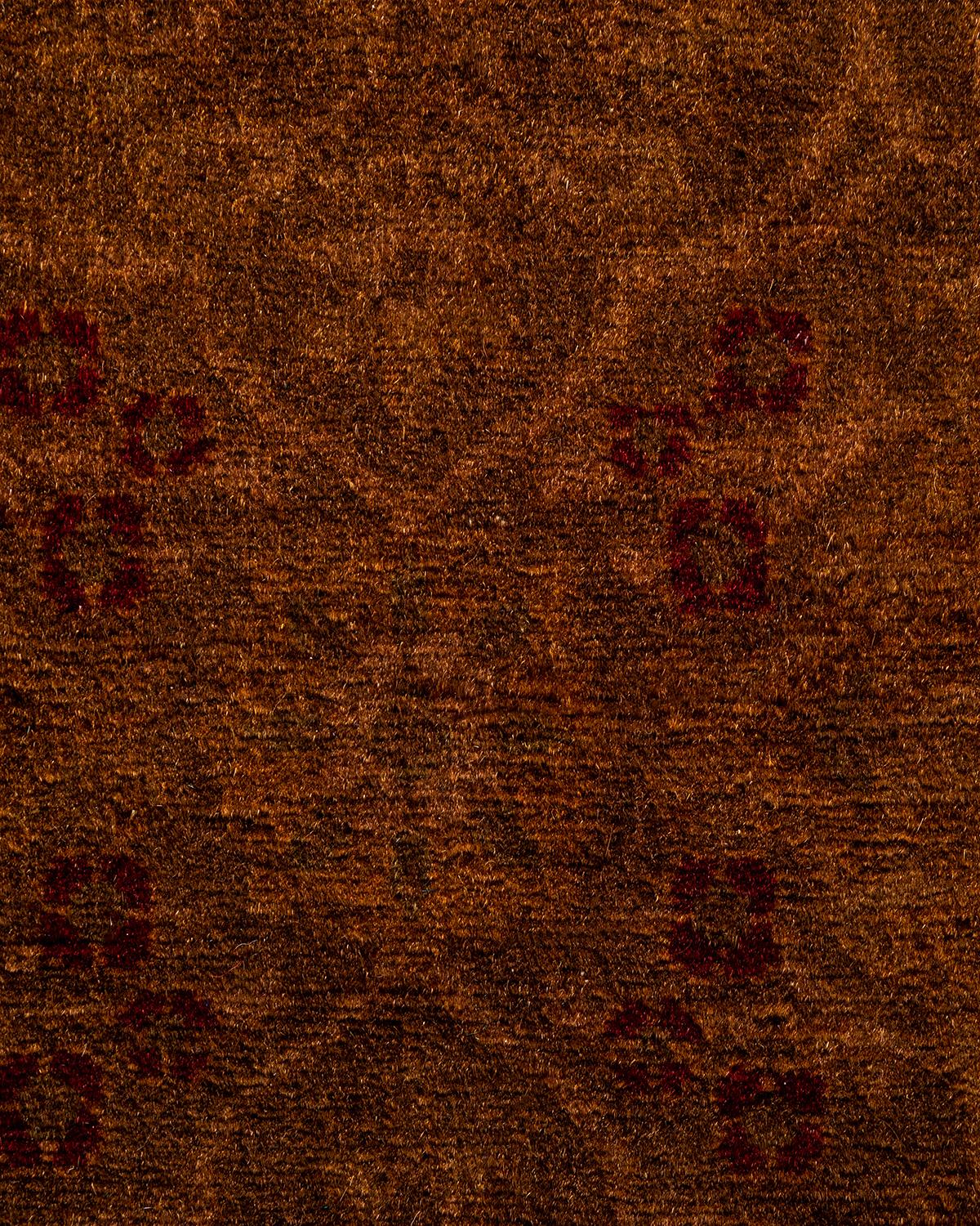 Pakistani Contemporary Overdyed Hand Knotted Wool Brown Runner For Sale