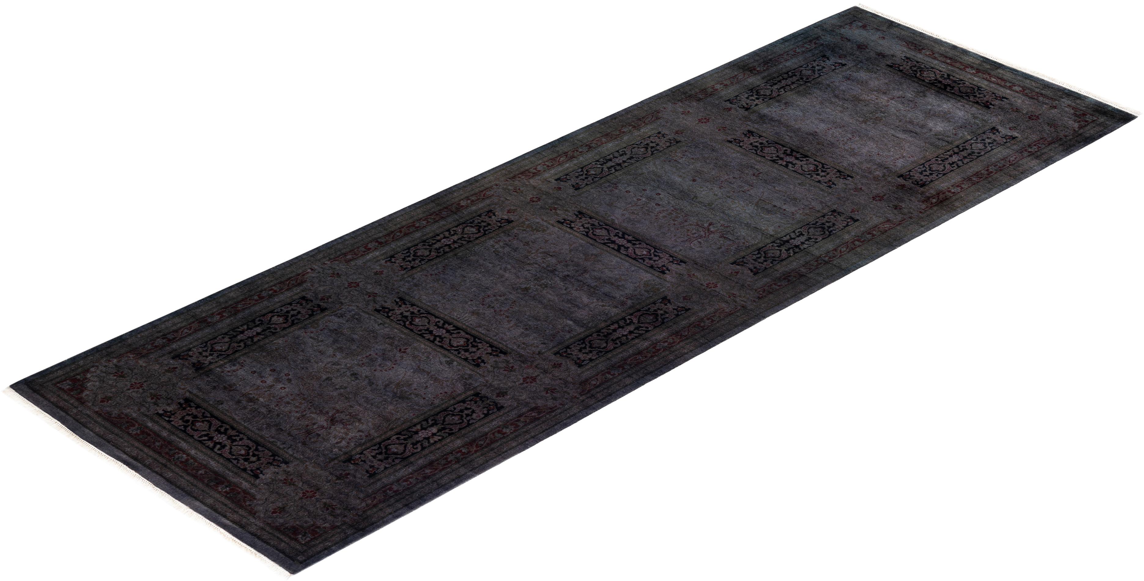 Contemporary Overdyed Hand Knotted Wool Brown Runner For Sale 4