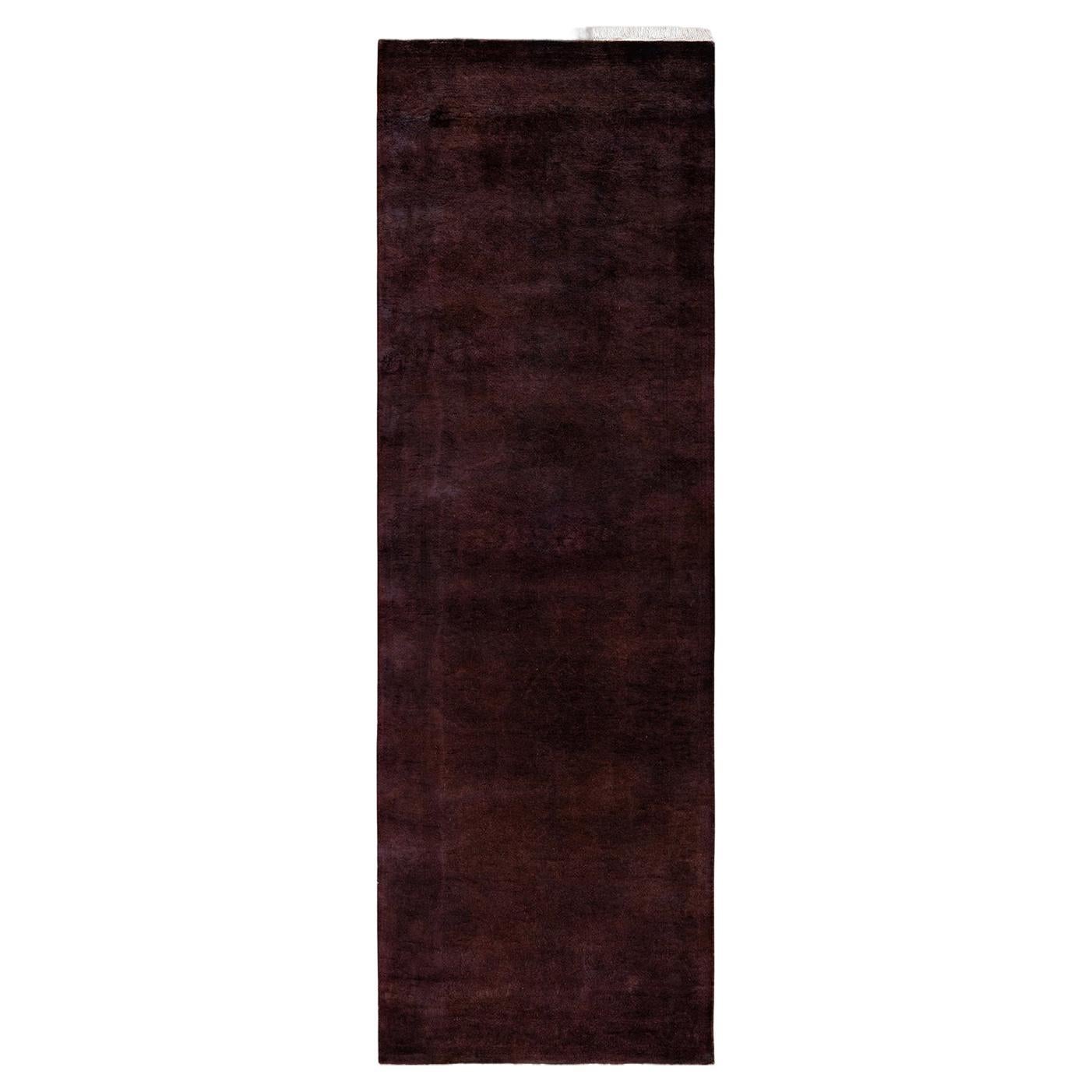 Contemporary Overdyed Hand Knotted Wool Brown Runner For Sale