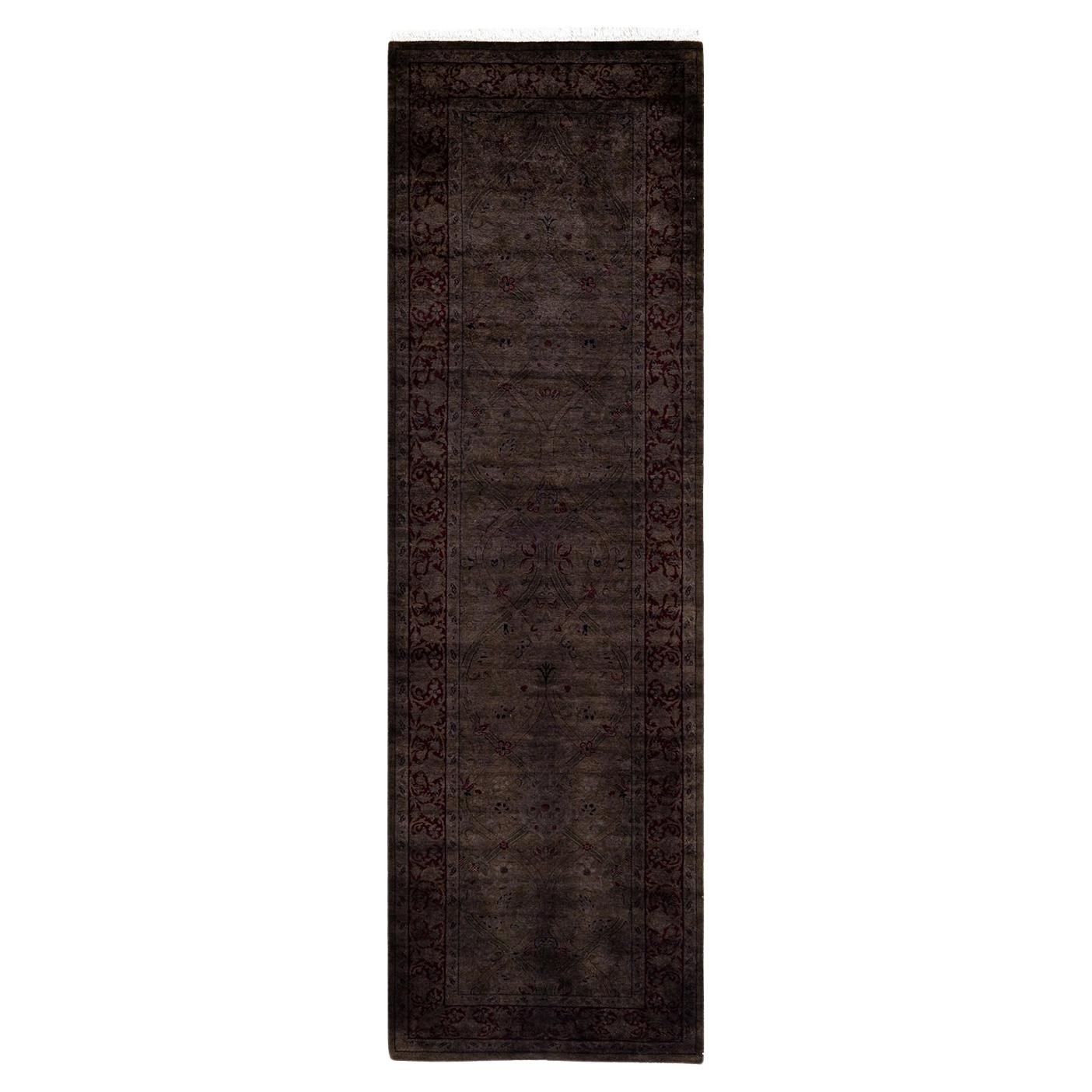 Contemporary Overdyed Hand Knotted Wool Brown Runner