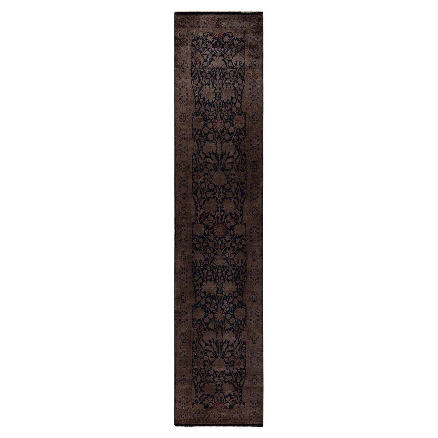Contemporary Overdyed Hand Knotted Wool Brown Runner For Sale