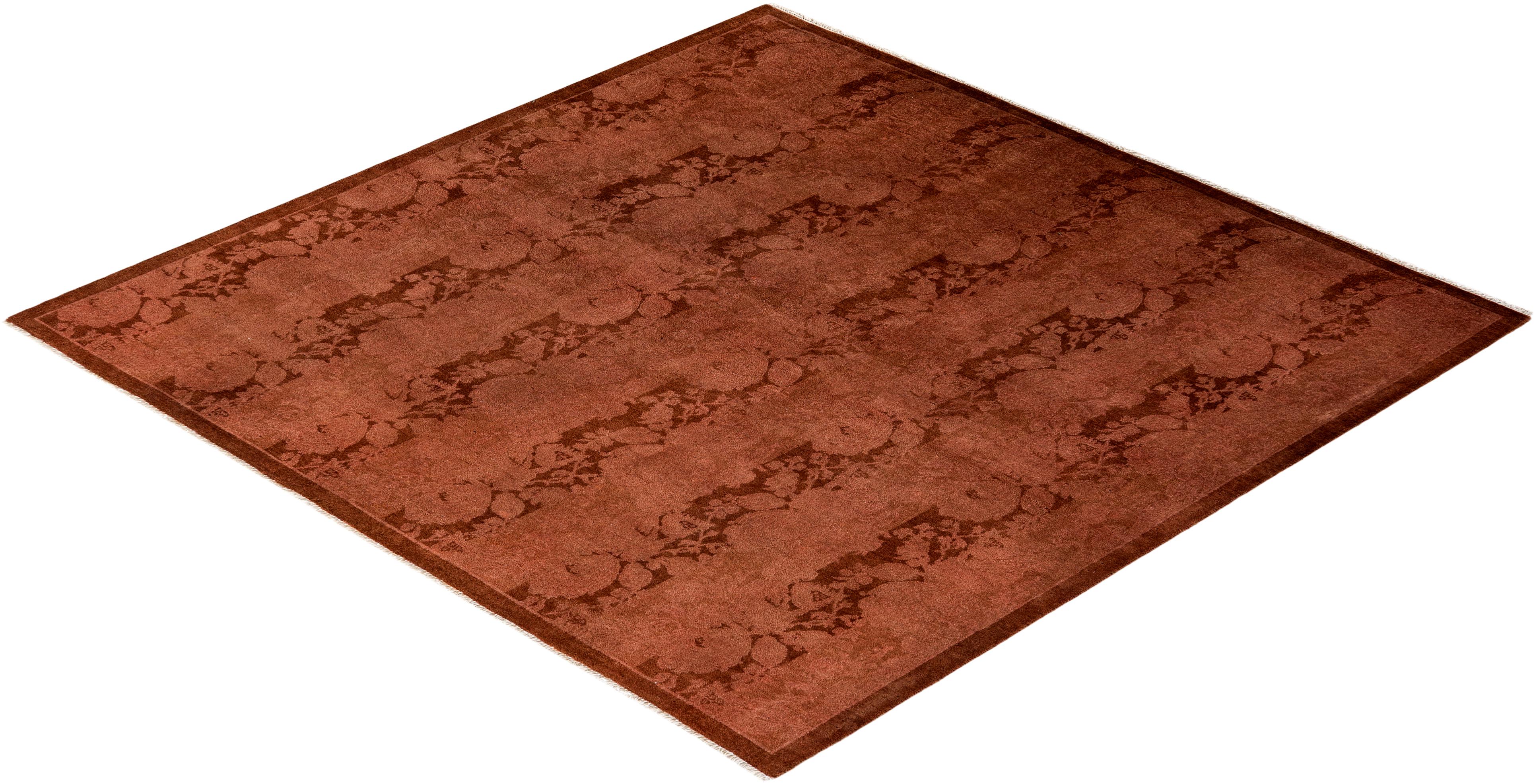 Contemporary Overdyed Hand Knotted Wool Brown Square Area Rug For Sale 4