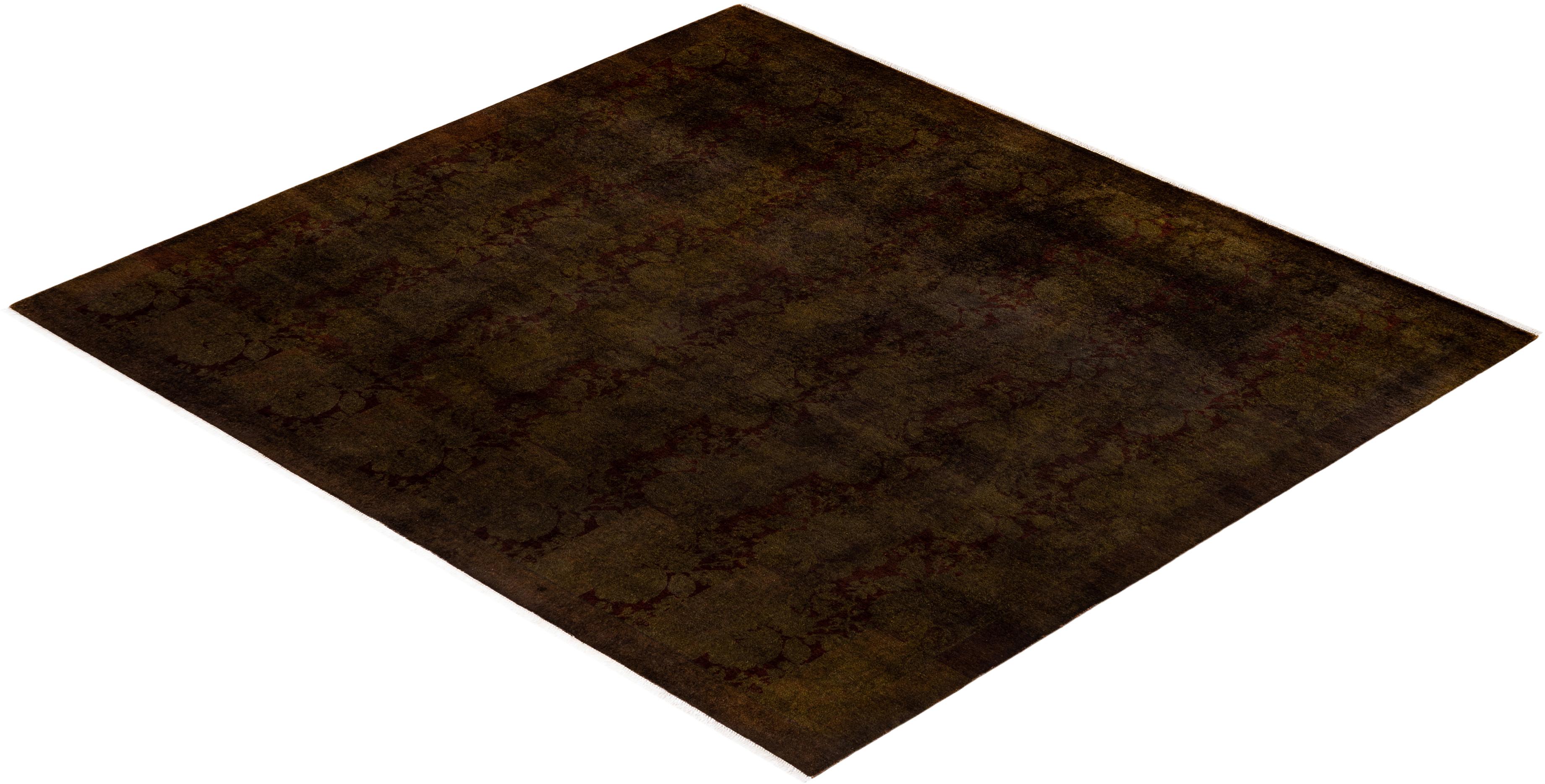Contemporary Overdyed Hand Knotted Wool Brown Square Area Rug For Sale 4