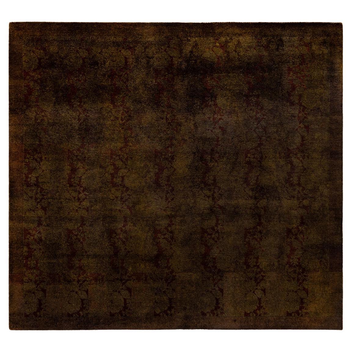 Contemporary Overdyed Hand Knotted Wool Brown Square Area Rug For Sale