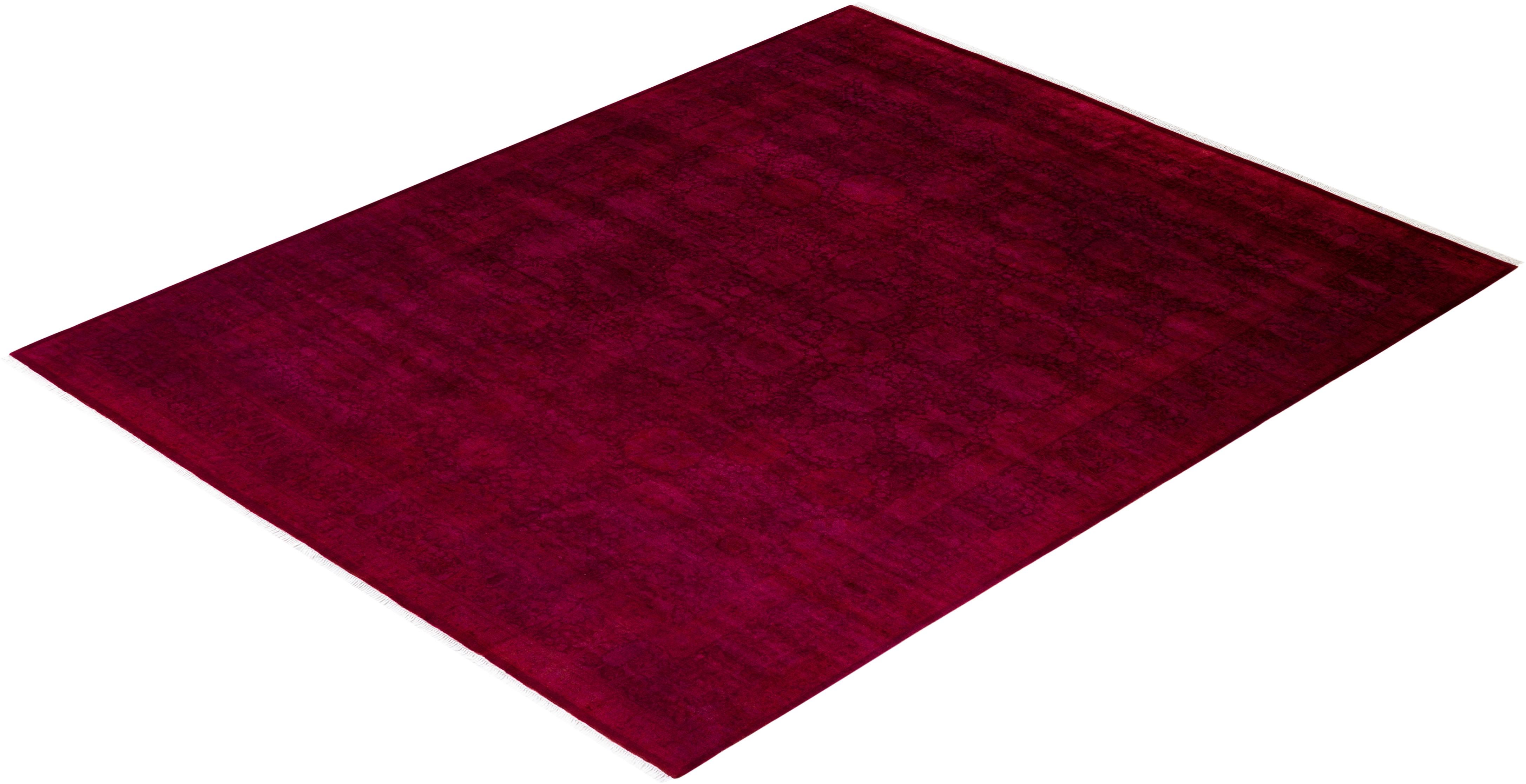 Contemporary Overdyed Hand Knotted Wool Burgundy Area Rug For Sale 4