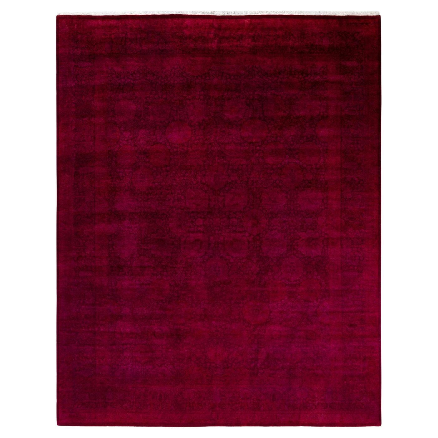 Contemporary Overdyed Hand Knotted Wool Burgundy Area Rug For Sale