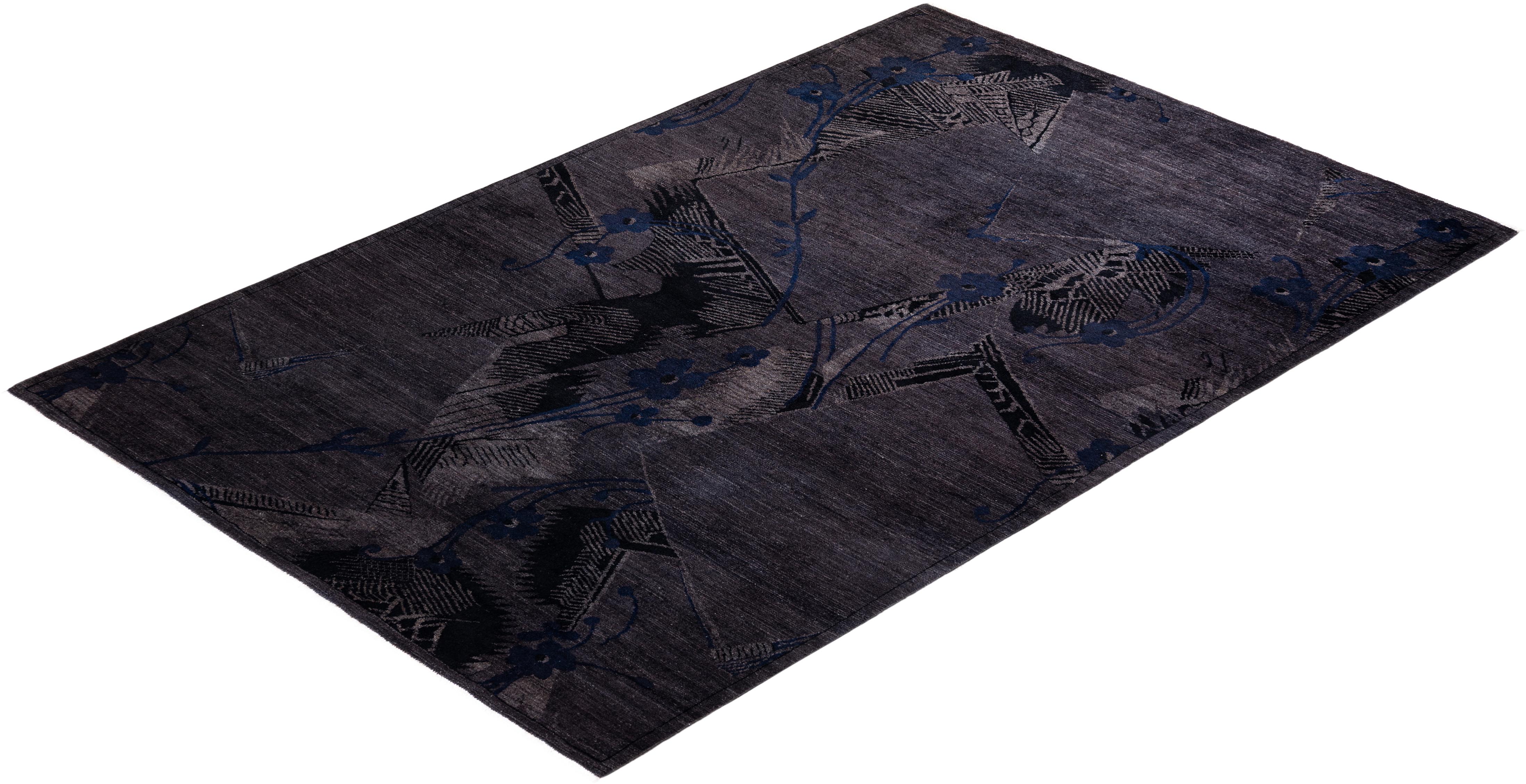 Contemporary Overdyed Hand Knotted Wool Charcoal Area Rug For Sale 4
