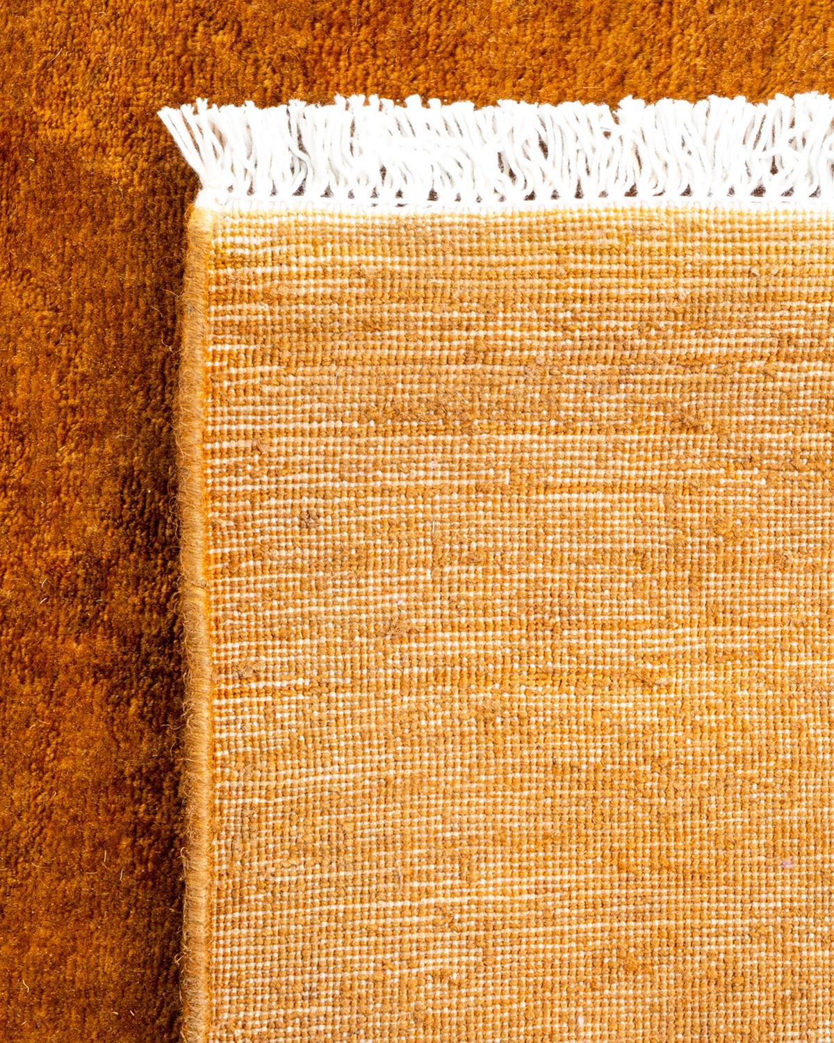 Contemporary Overdyed Hand Knotted Wool Gold Area Rug For Sale 1