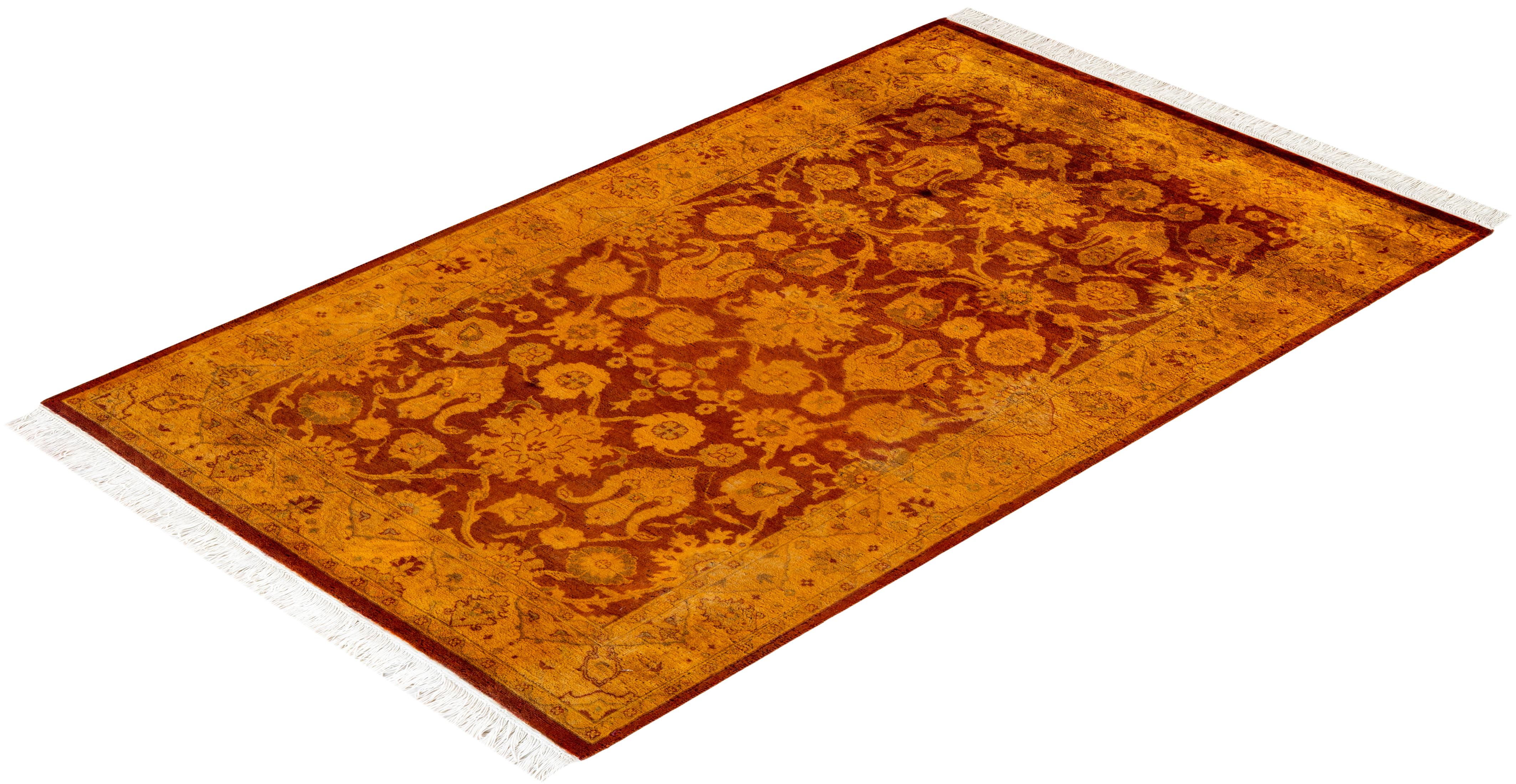 Contemporary Overdyed Hand Knotted Wool Gold Area Rug For Sale 4