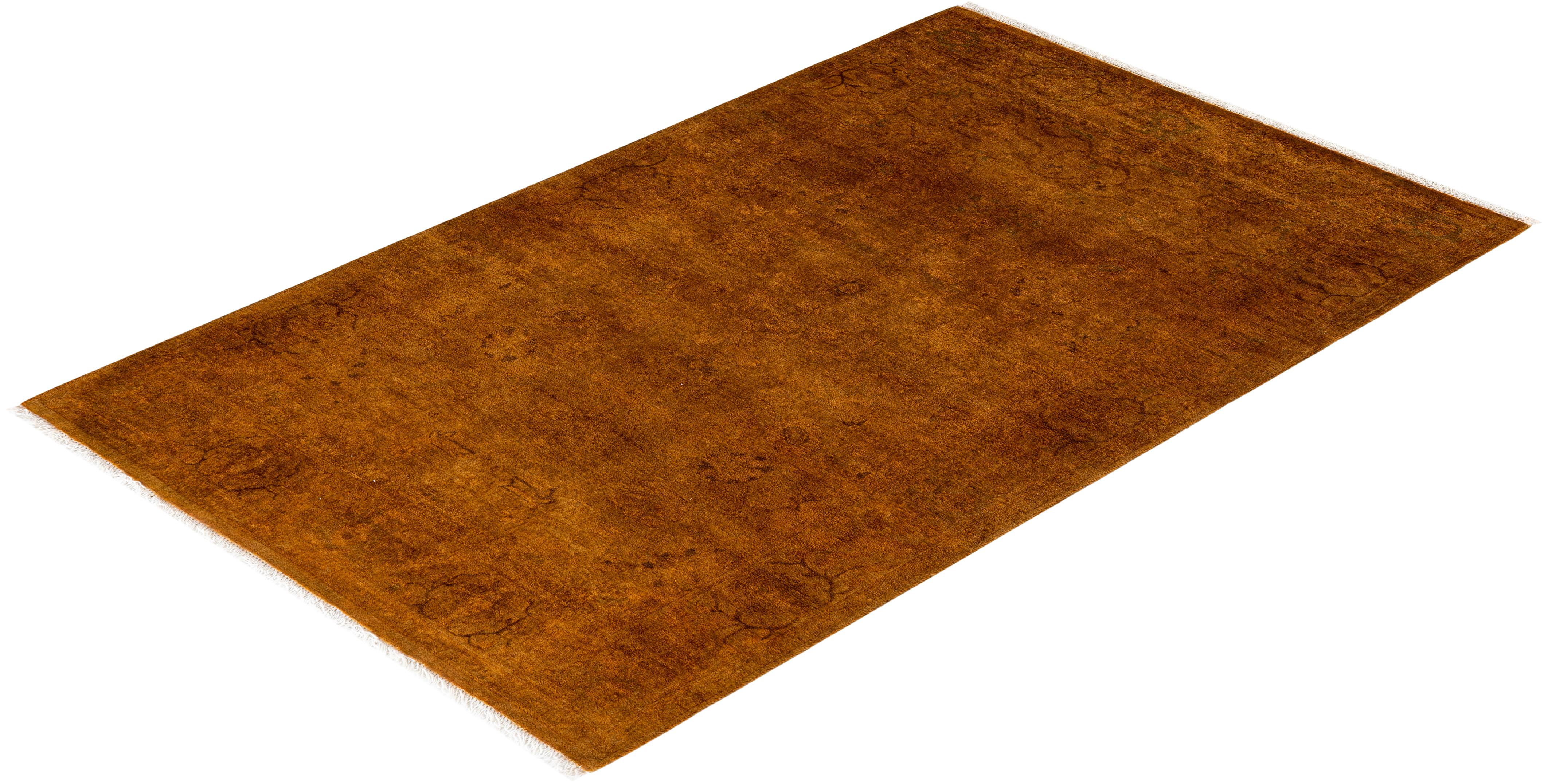 Contemporary Overdyed Hand Knotted Wool Gold Area Rug For Sale 4