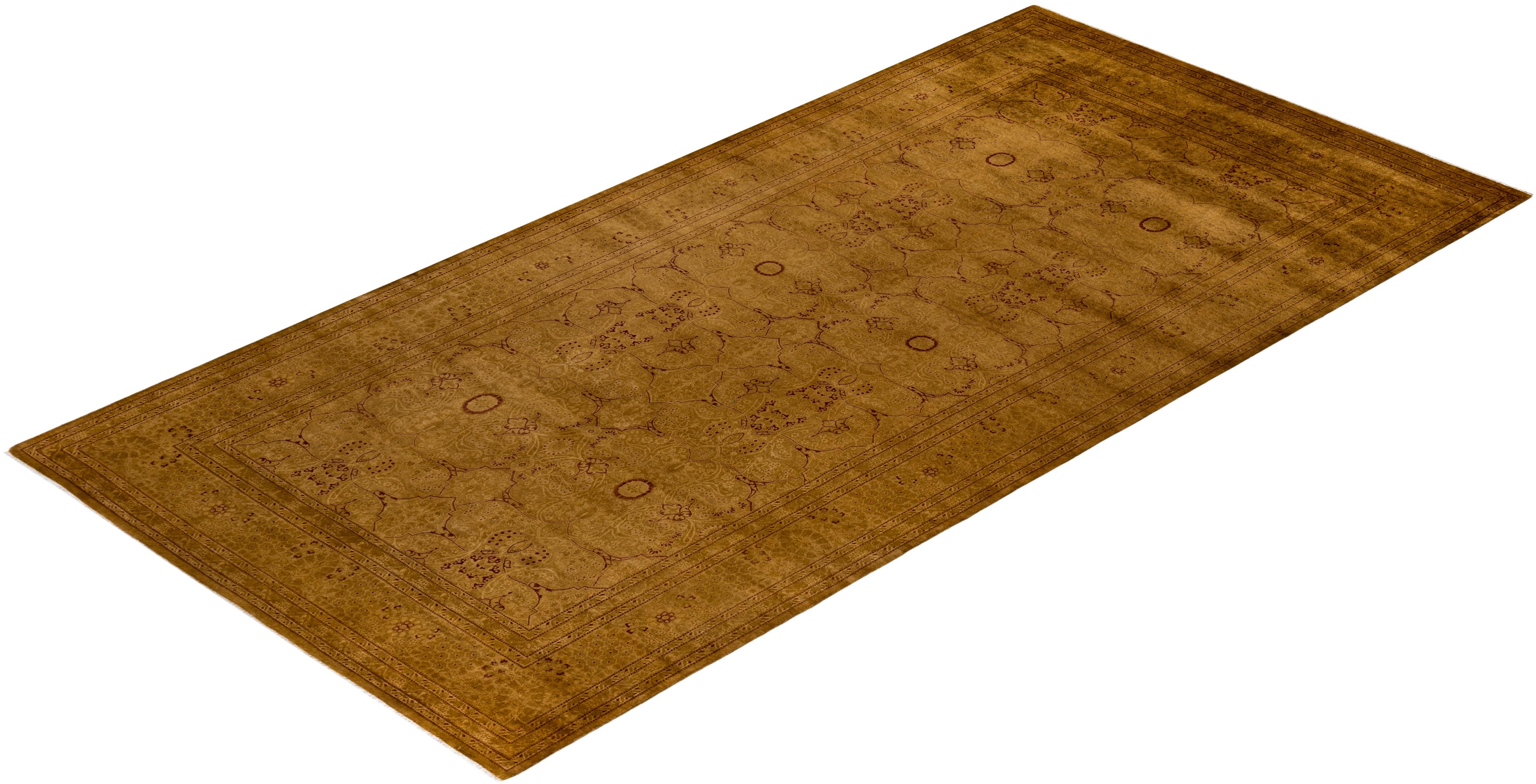 Contemporary Overdyed Hand Knotted Wool Gold Area Rug For Sale 4