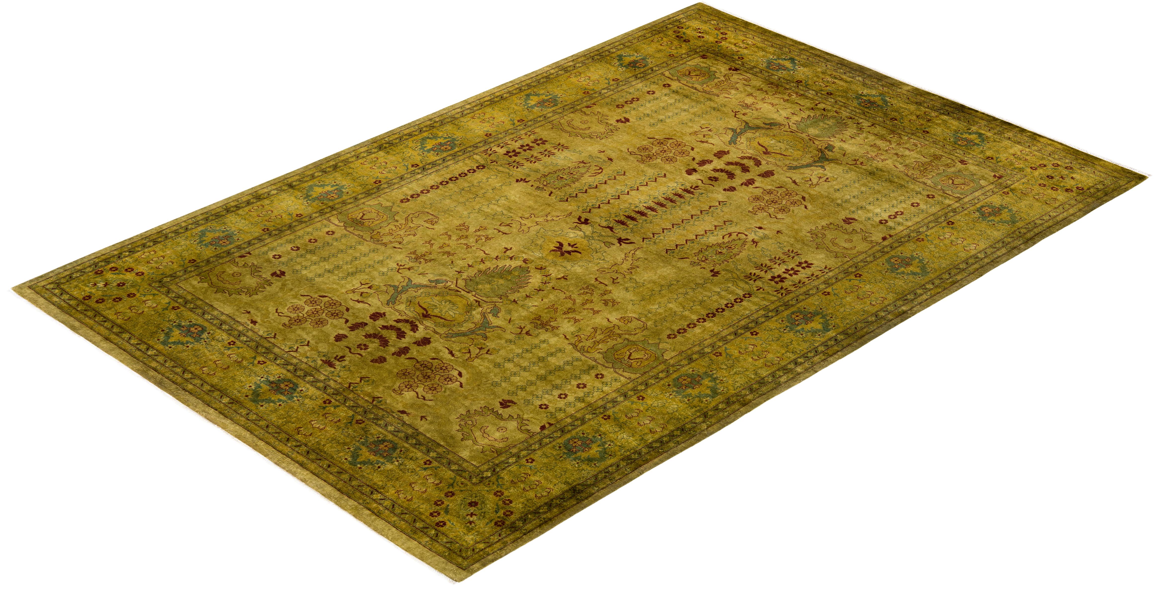 Contemporary Overdyed Hand Knotted Wool Gold Area Rug For Sale 4