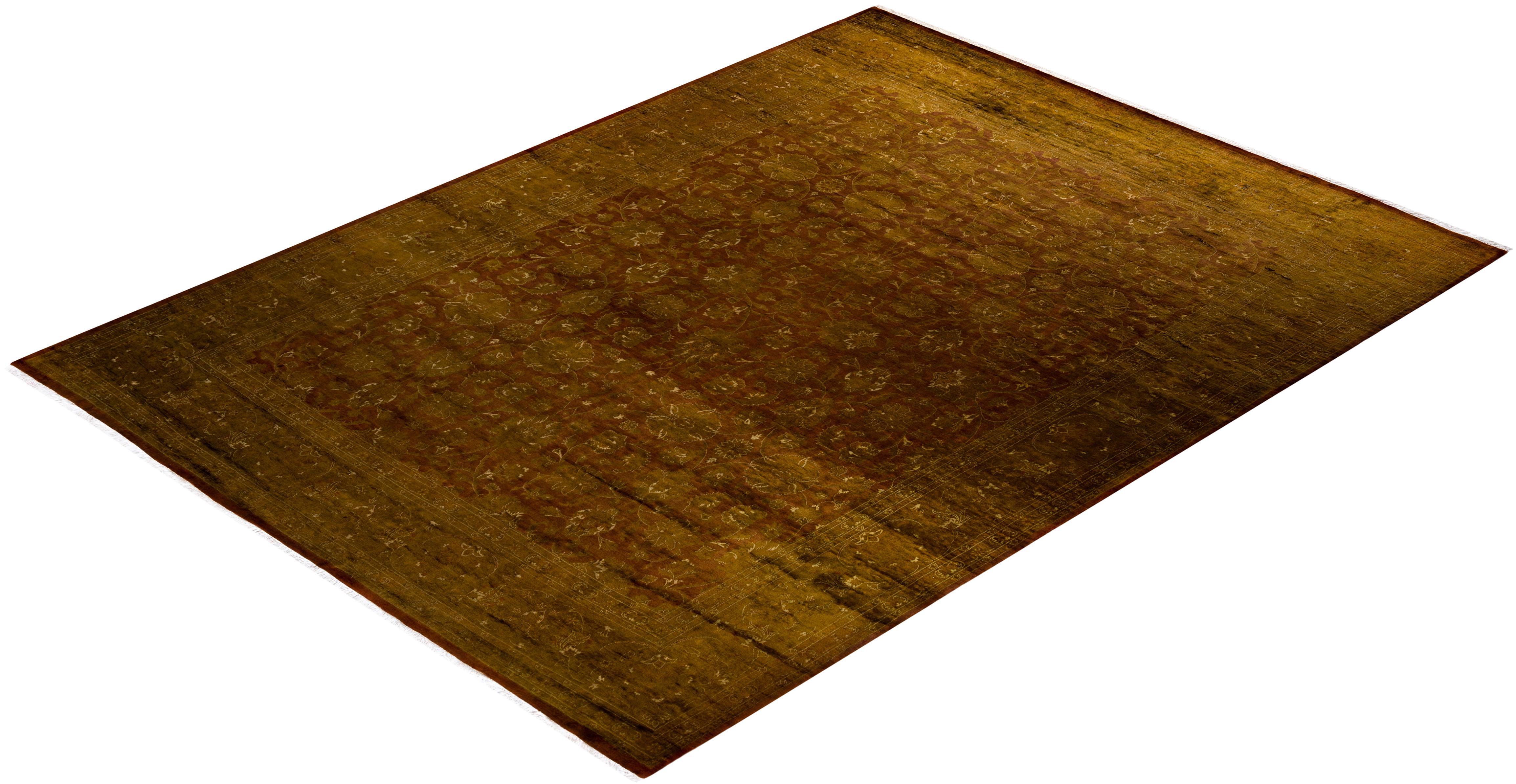 Contemporary Overdyed Hand Knotted Wool Gold Area Rug For Sale 4