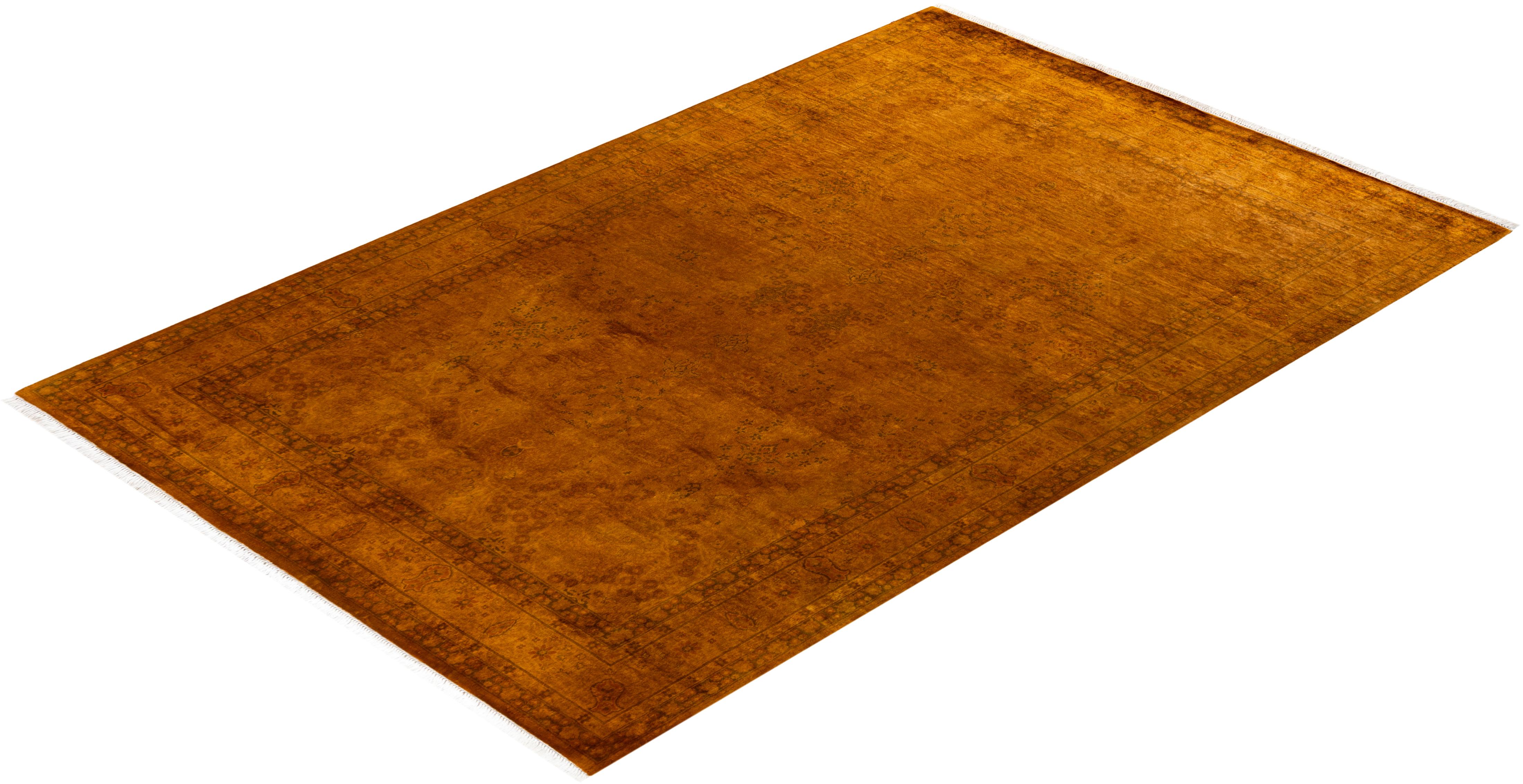 Contemporary Overdyed Hand Knotted Wool Gold Area Rug For Sale 4