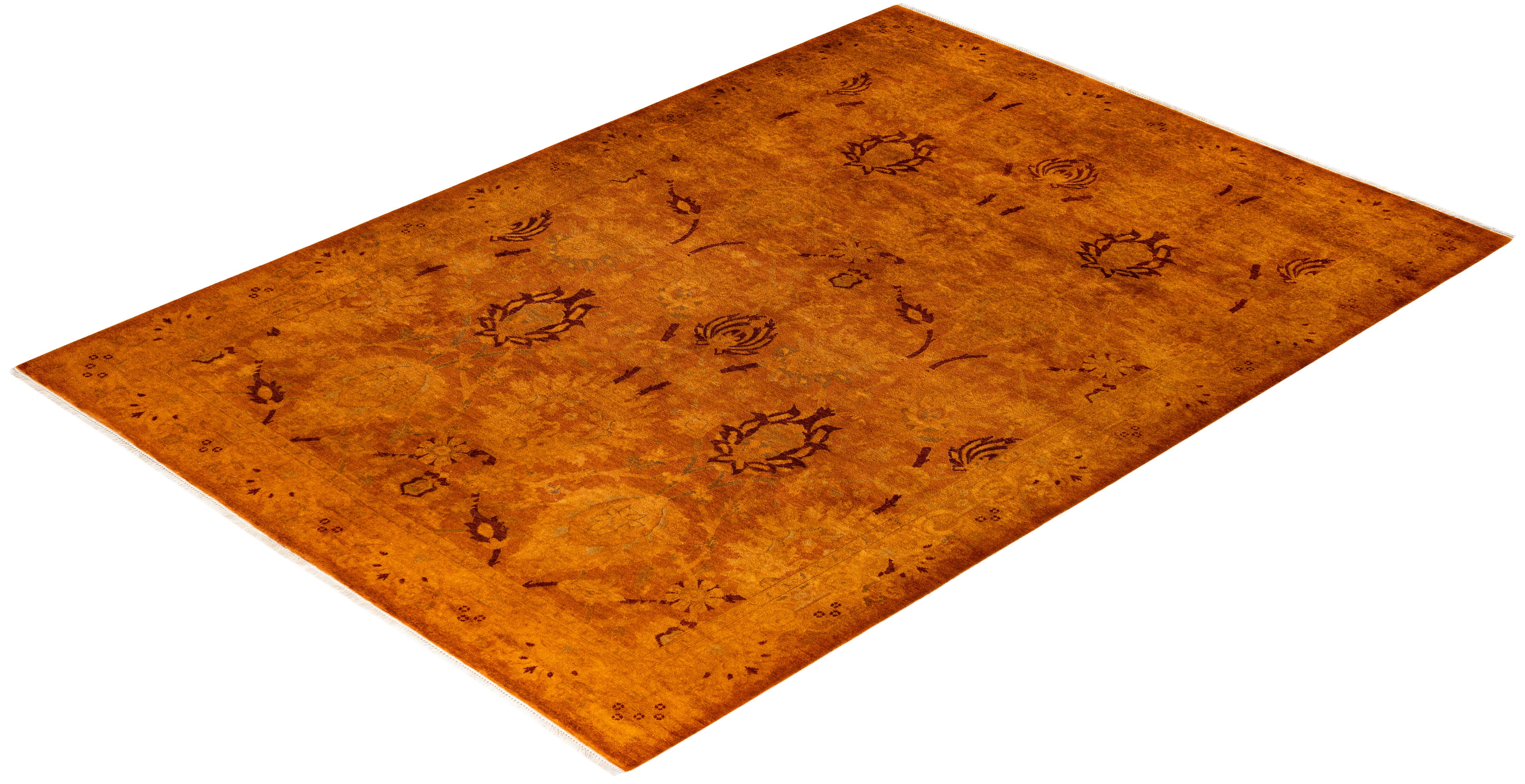Contemporary Overdyed Hand Knotted Wool Gold Area Rug For Sale 4