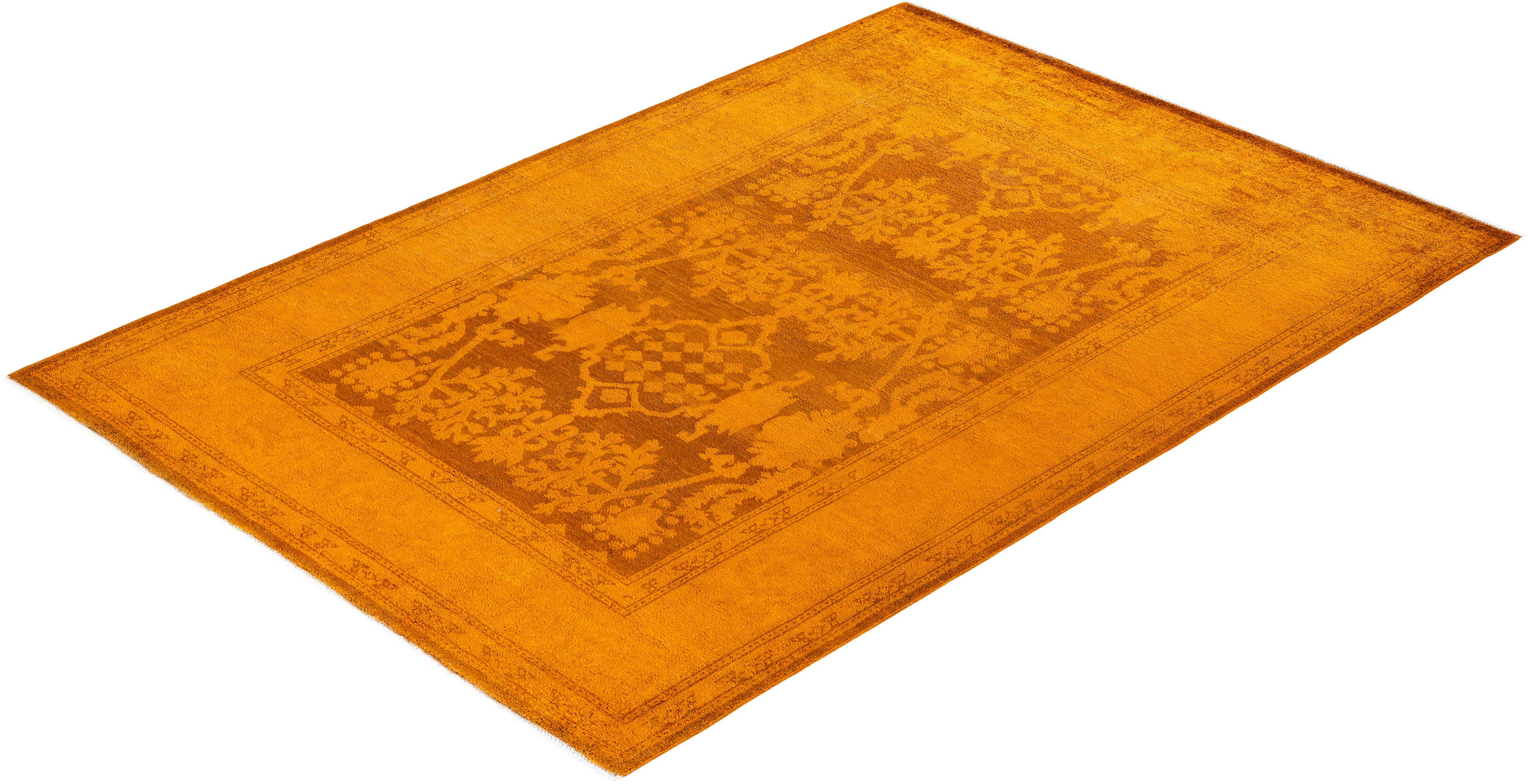 Contemporary Overdyed Hand Knotted Wool Gold Area Rug For Sale 4