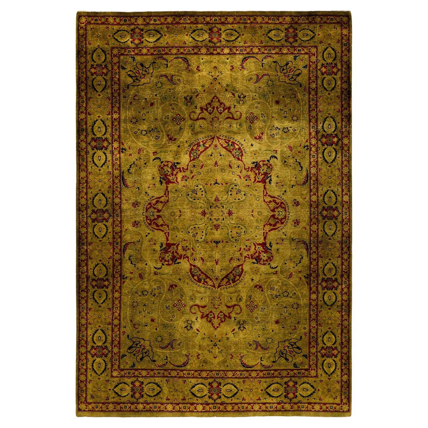 Contemporary Overdyed Hand Knotted Wool Gold Area Rug For Sale