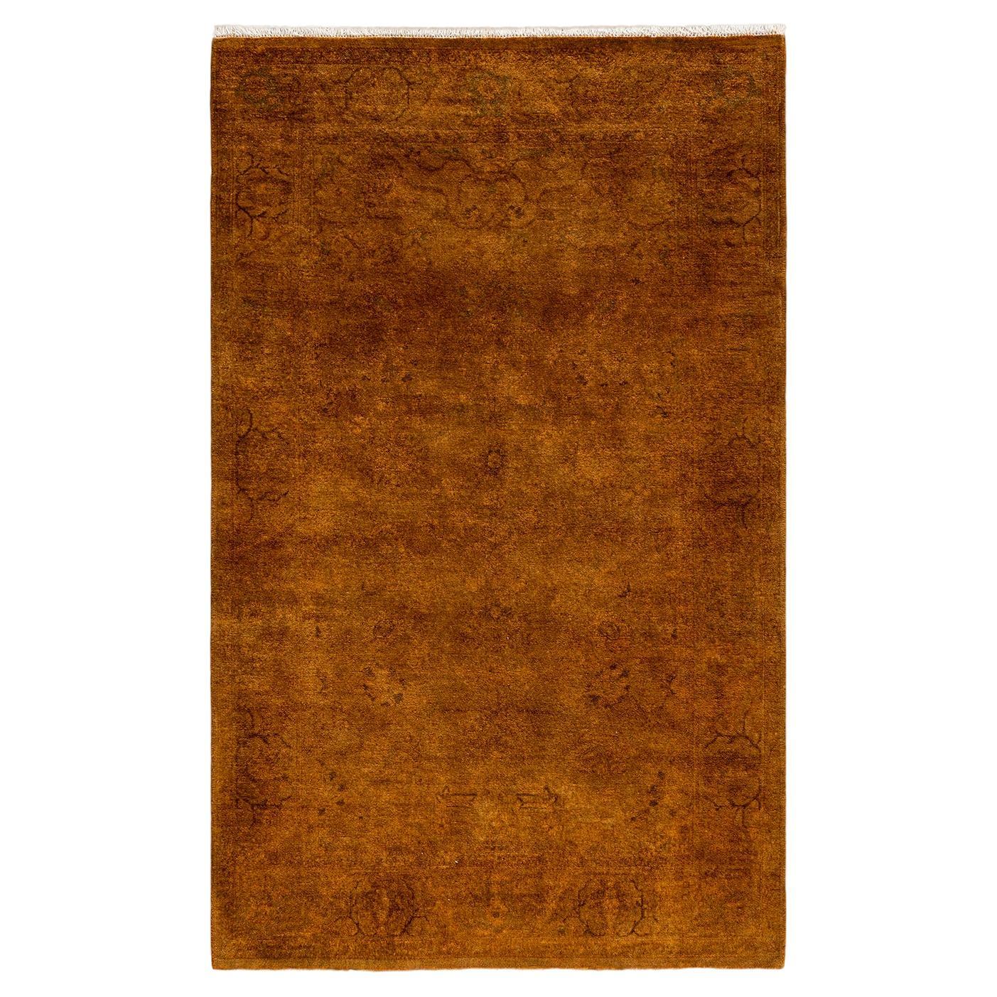 Contemporary Overdyed Hand Knotted Wool Gold Area Rug For Sale