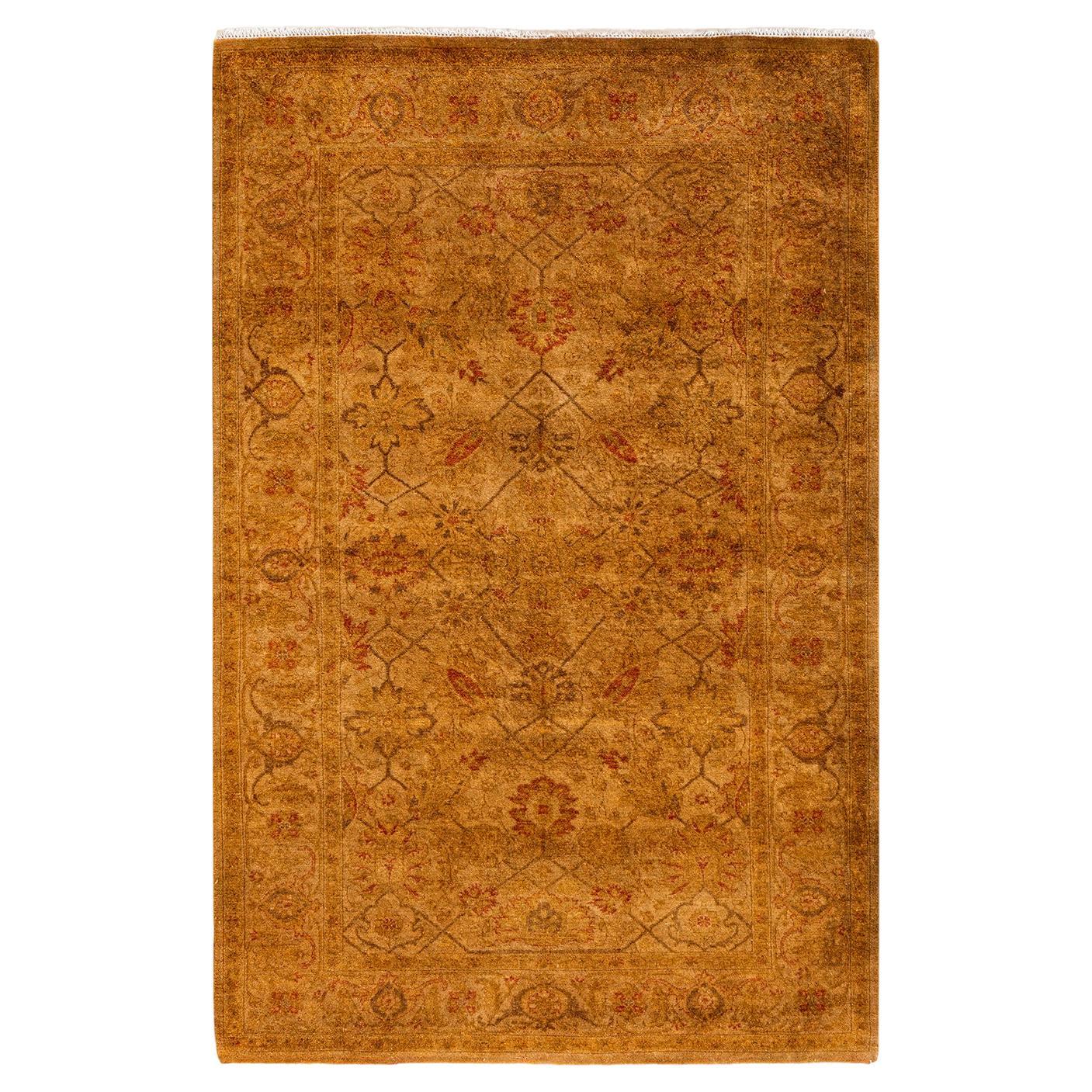 Contemporary Overdyed Hand Knotted Wool Gold Area Rug For Sale