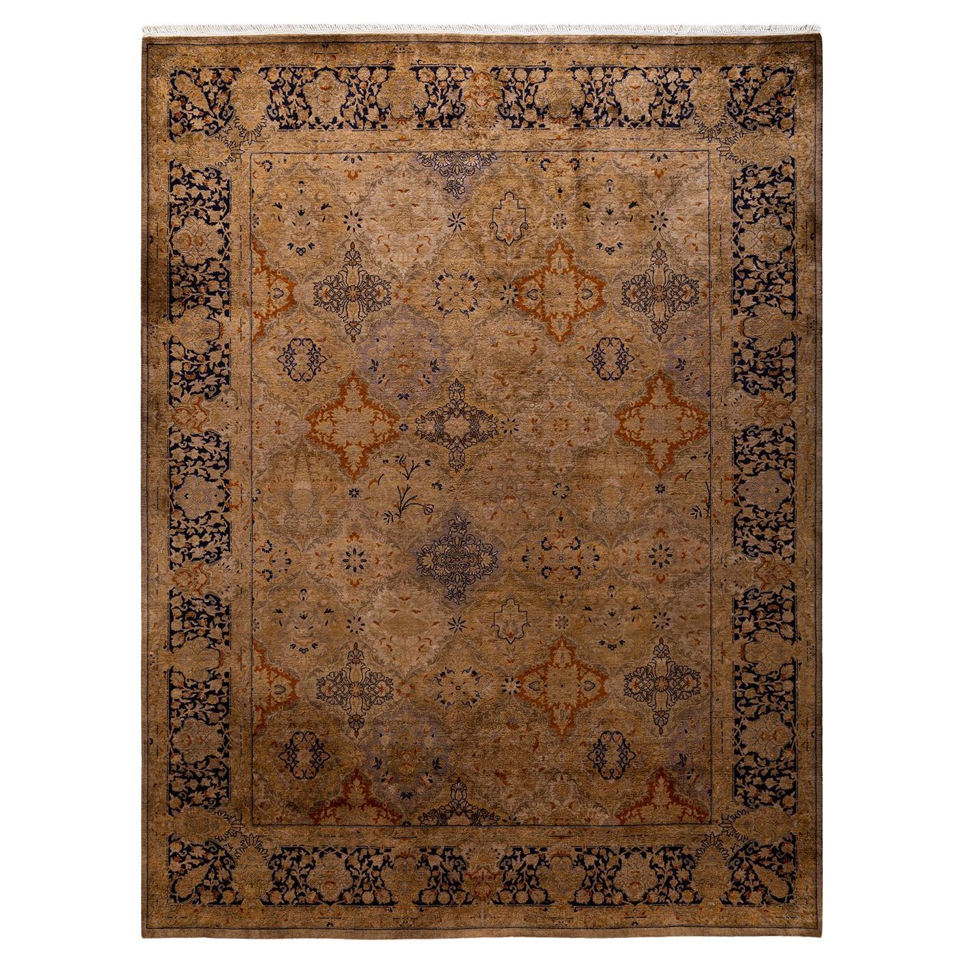 Contemporary Overdyed Hand Knotted Wool Gold Area Rug For Sale