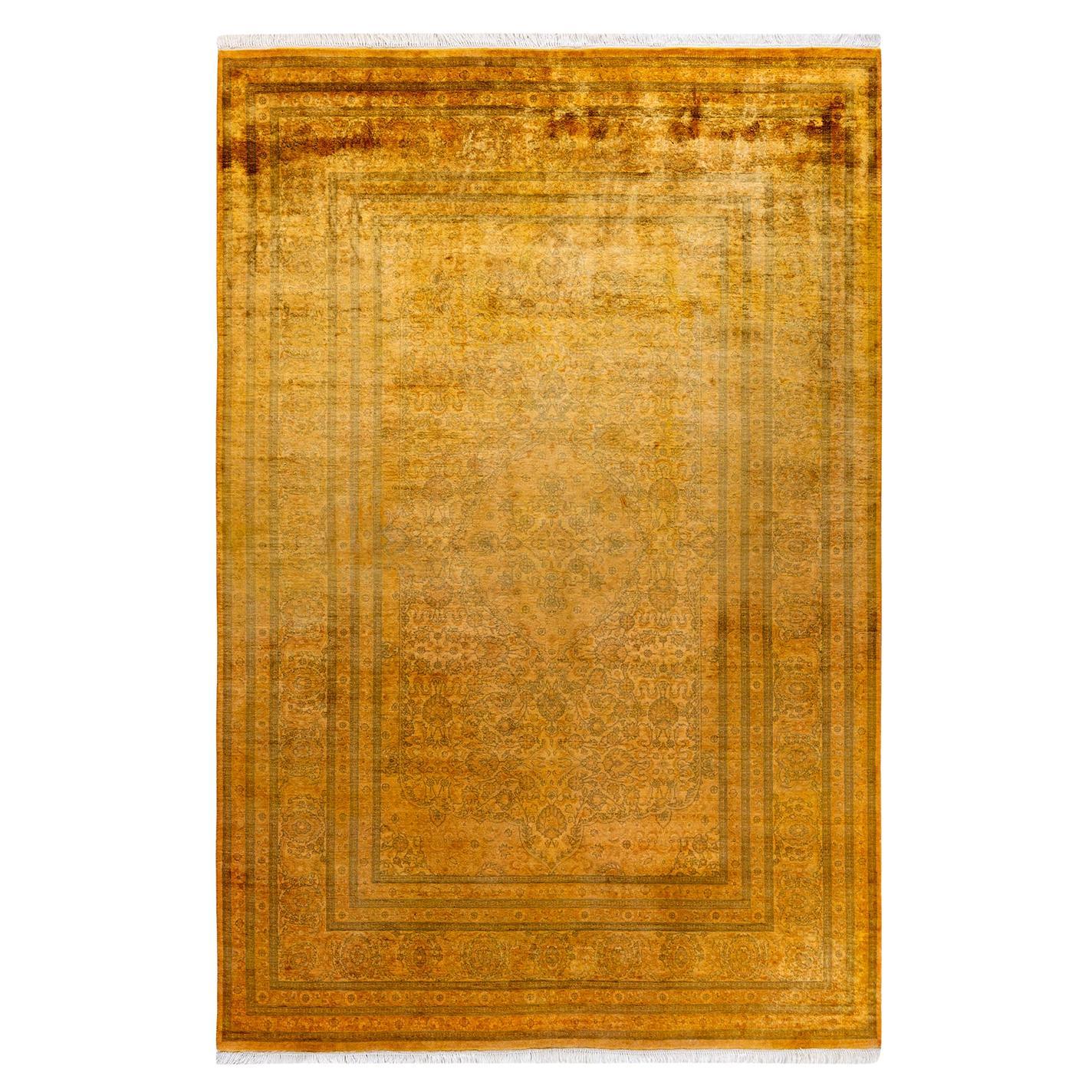 Contemporary Overdyed Hand Knotted Wool Gold Area Rug For Sale