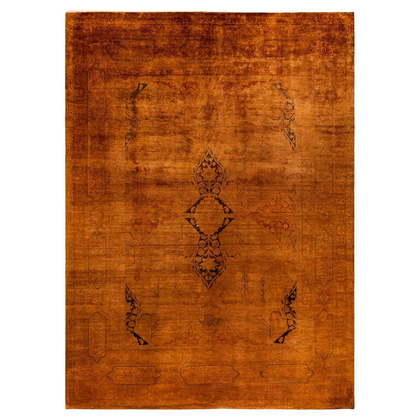 Contemporary Overdyed Hand Knotted Wool Gold Area Rug For Sale