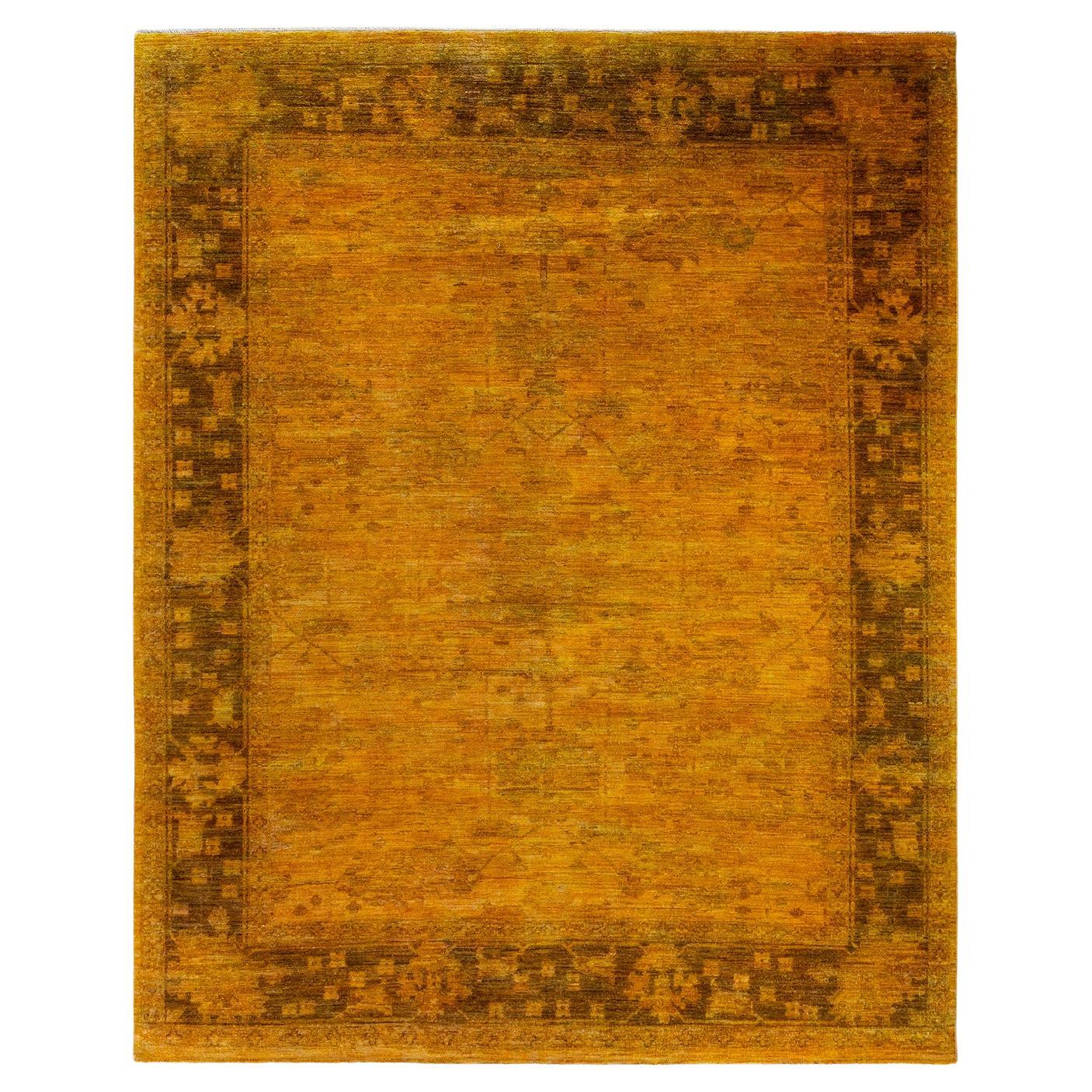 Contemporary Overdyed Hand Knotted Wool Gold Area Rug For Sale