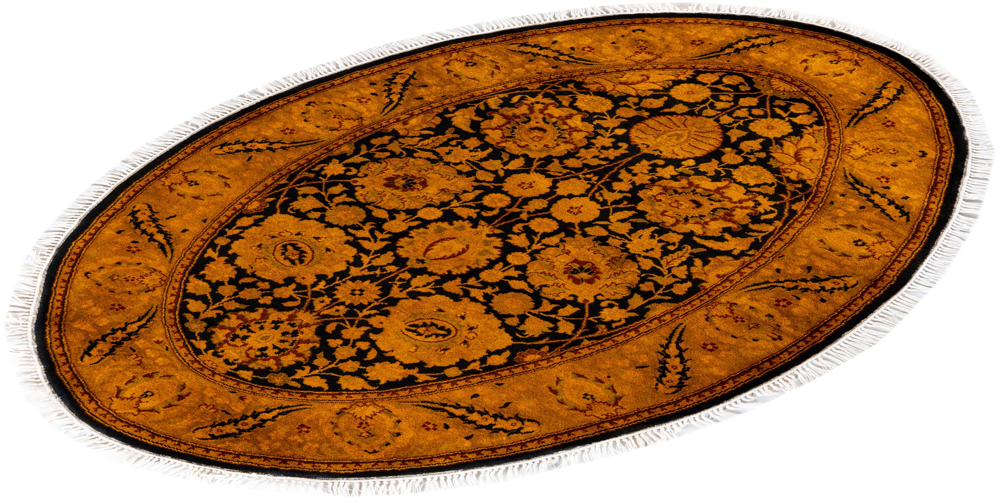 Contemporary Overdyed Hand Knotted Wool Gold Oval Area Rug For Sale 4