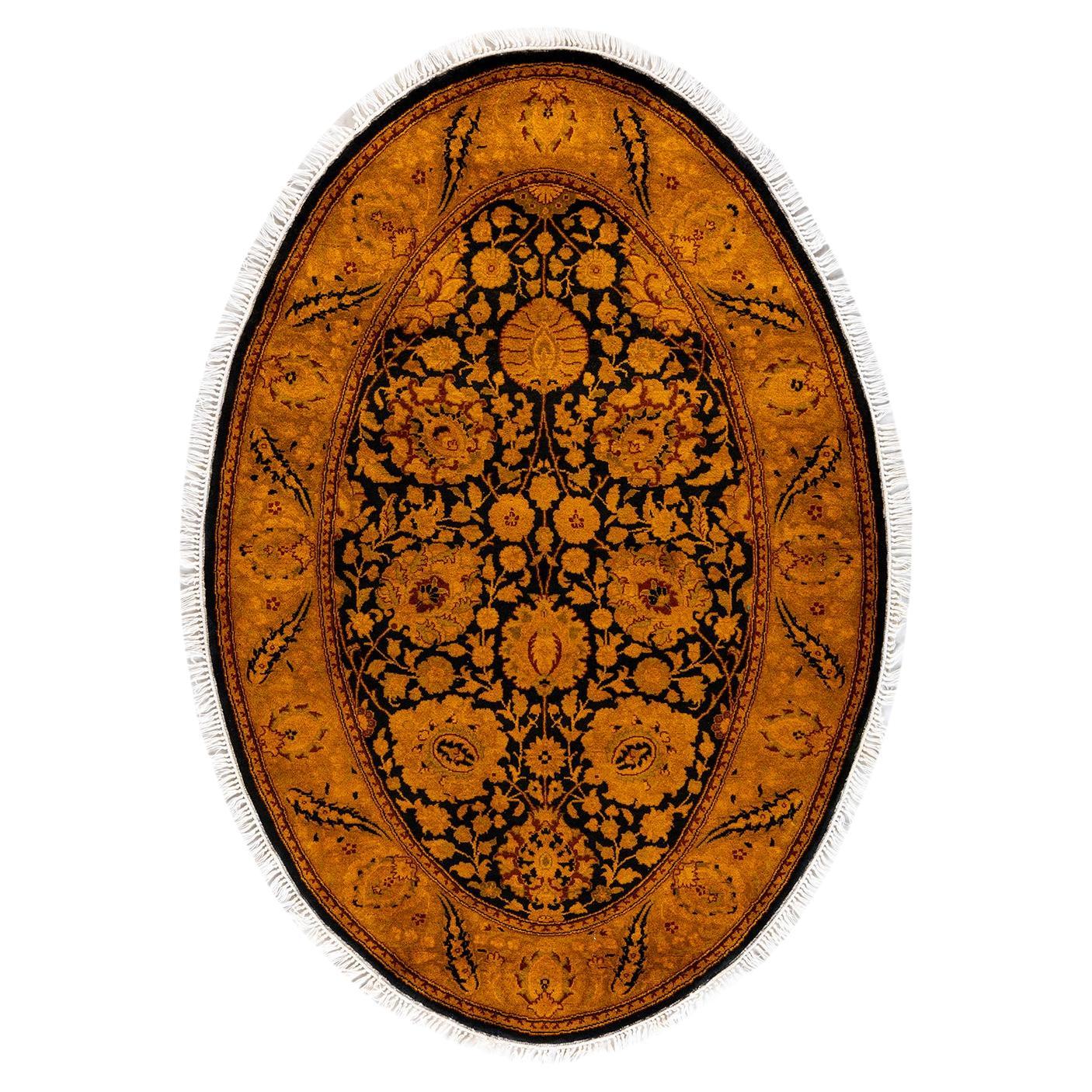Contemporary Overdyed Hand Knotted Wool Gold Oval Area Rug For Sale