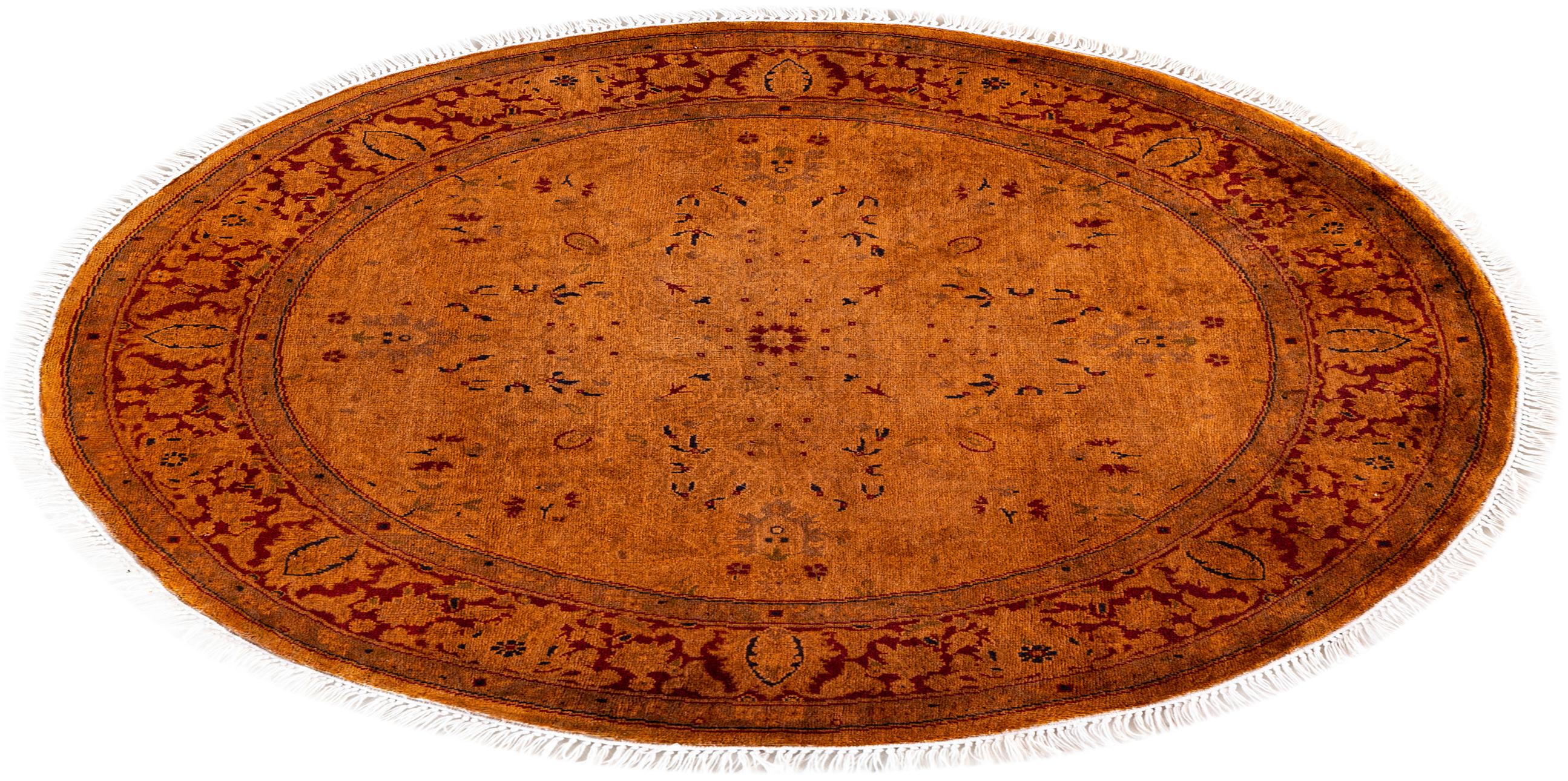 Contemporary Overdyed Hand Knotted Wool Gold Round Area Rug For Sale 4