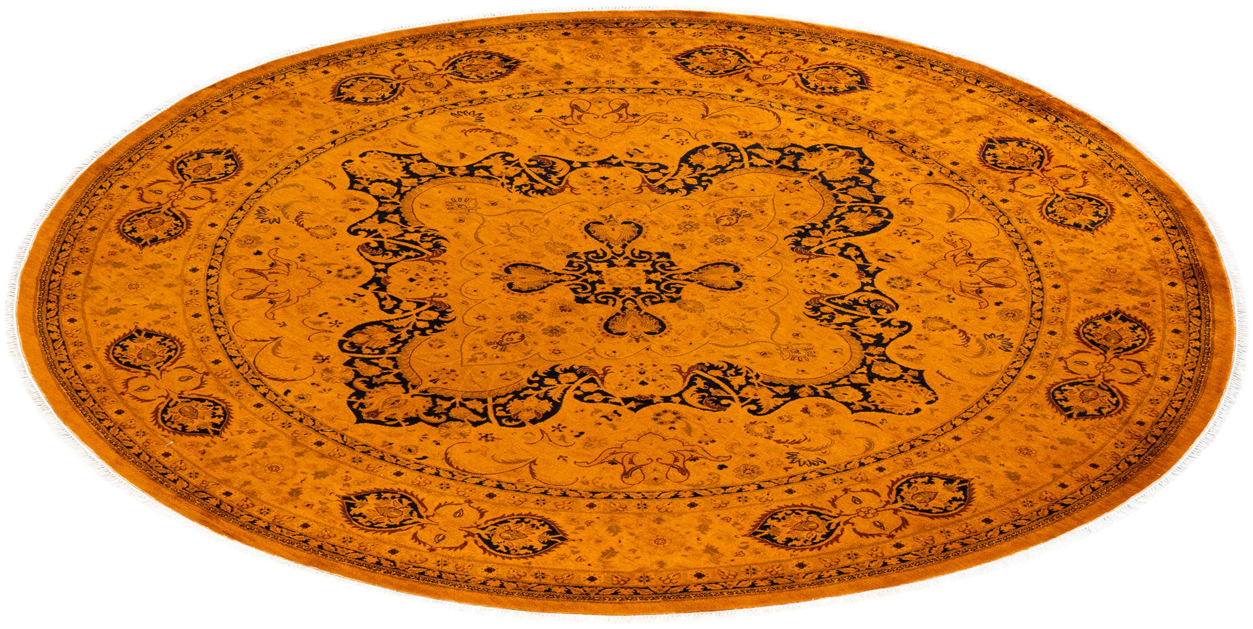 Contemporary Overdyed Hand Knotted Wool Gold Round Area Rug For Sale 4