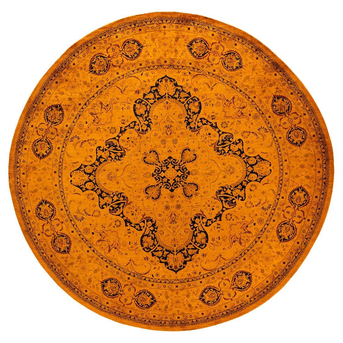 Contemporary Overdyed Hand Knotted Wool Gold Round Area Rug For Sale