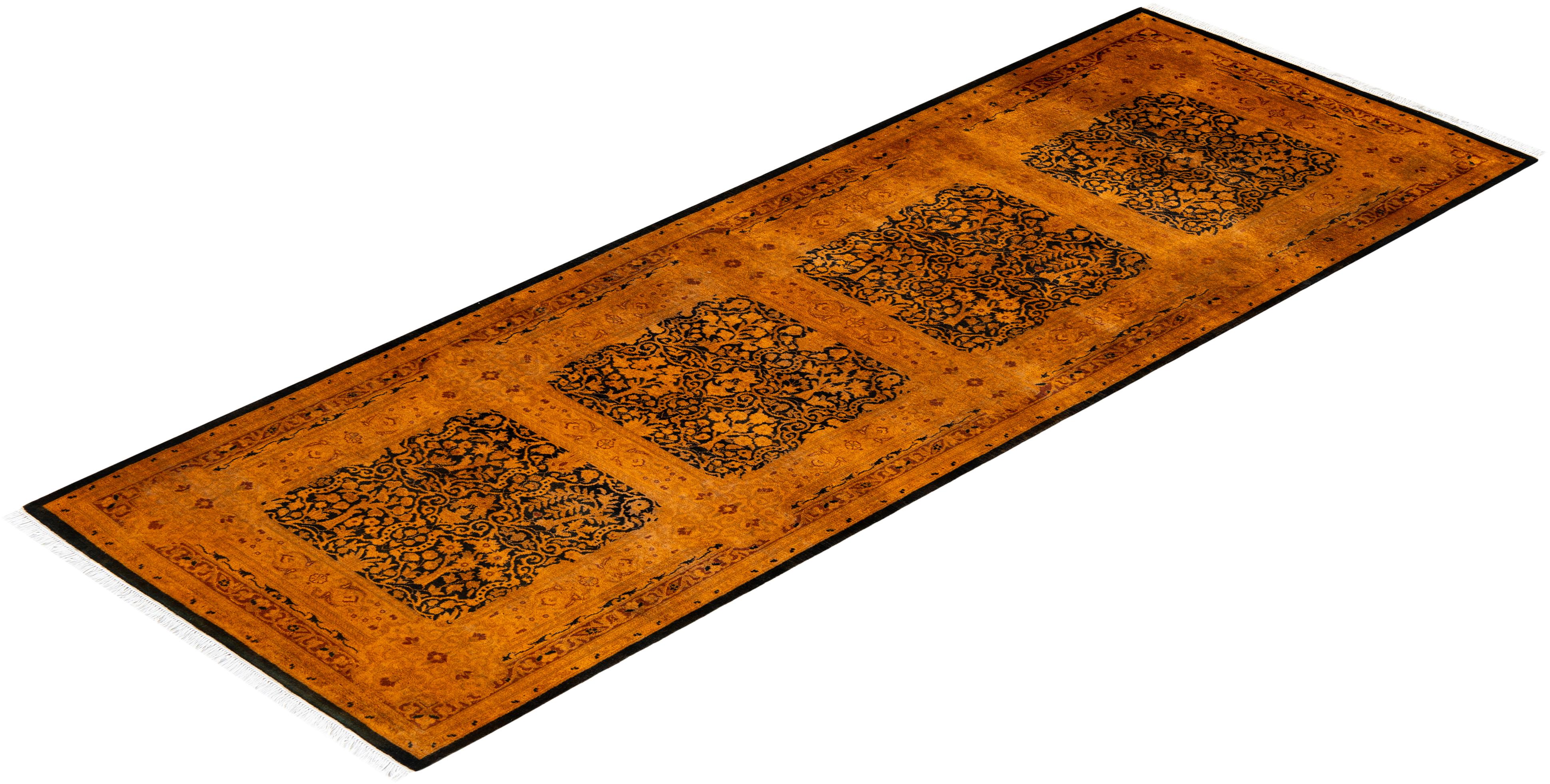 Contemporary Overdyed Hand Knotted Wool Gold Runner For Sale 4