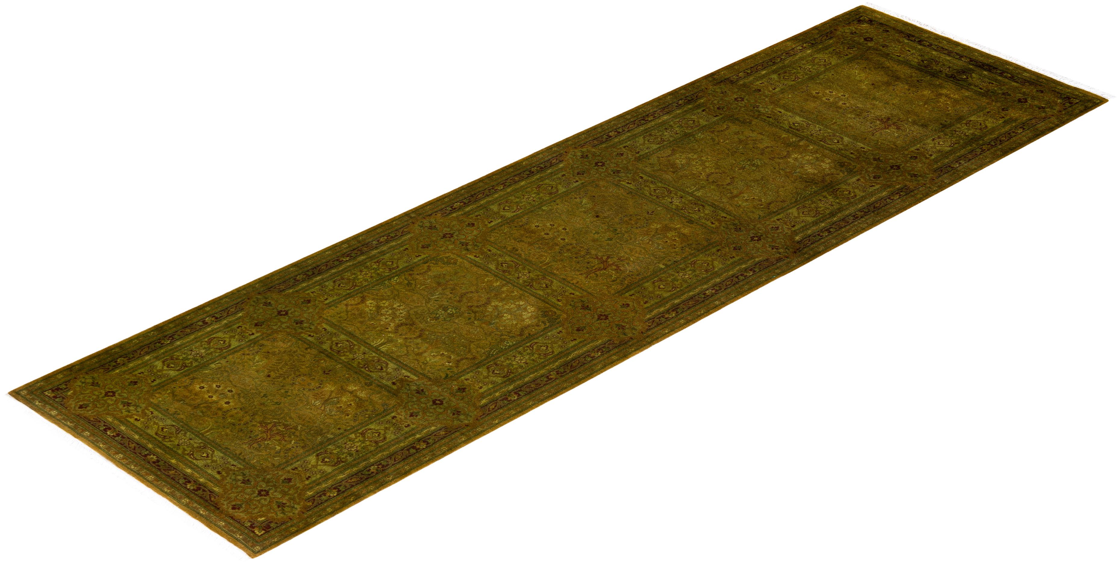Contemporary Overdyed Hand Knotted Wool Gold Runner For Sale 4