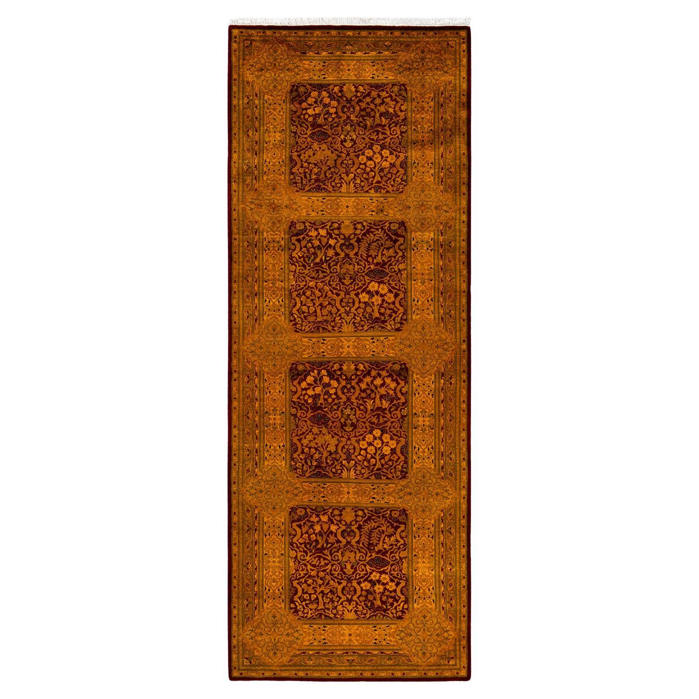 Contemporary Overdyed Hand Knotted Wool Gold Runner For Sale